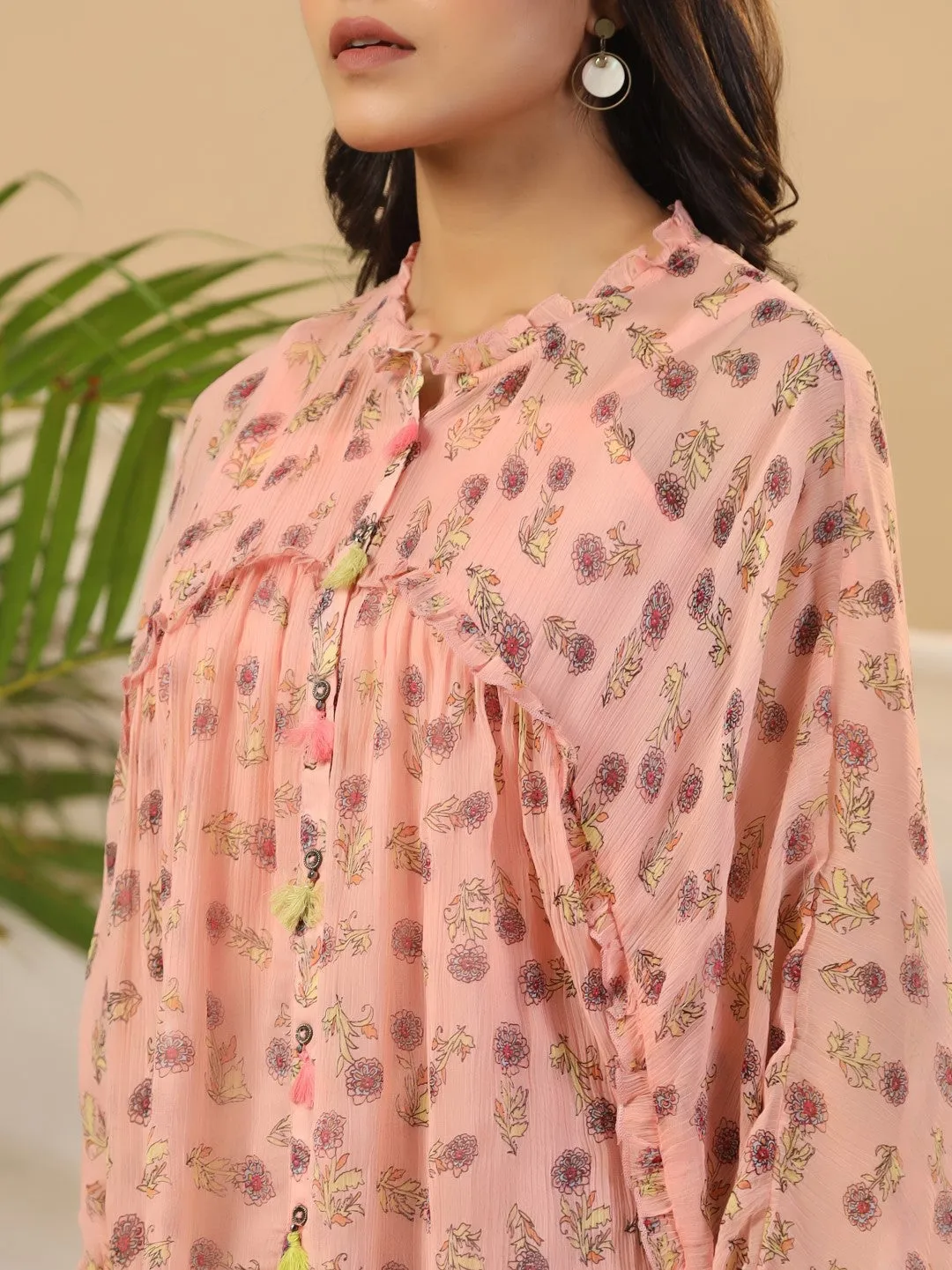 Peach Floral Printed Chiffon Tunic With Inner