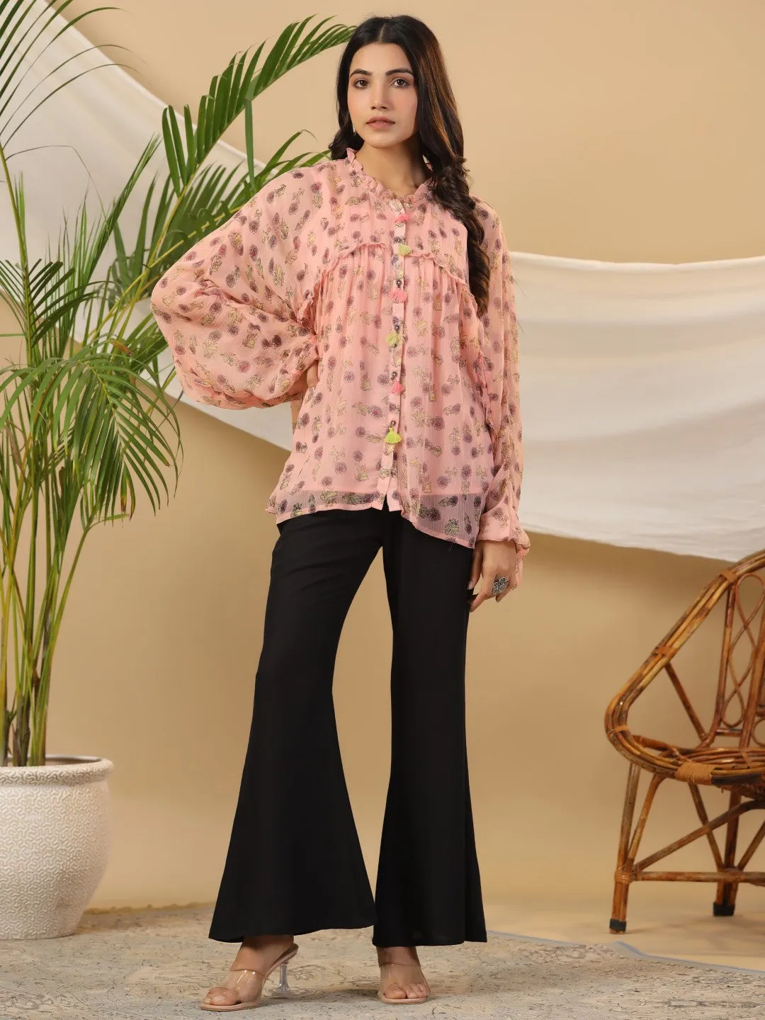 Peach Floral Printed Chiffon Tunic With Inner