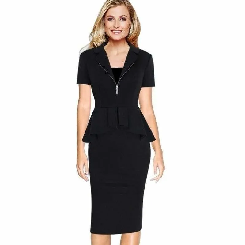 Peplum Vintage Wear To Work Business Zipper Front Lapel Midi Dress