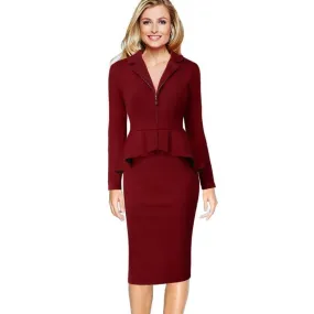 Peplum Vintage Wear To Work Business Zipper Front Lapel Midi Dress