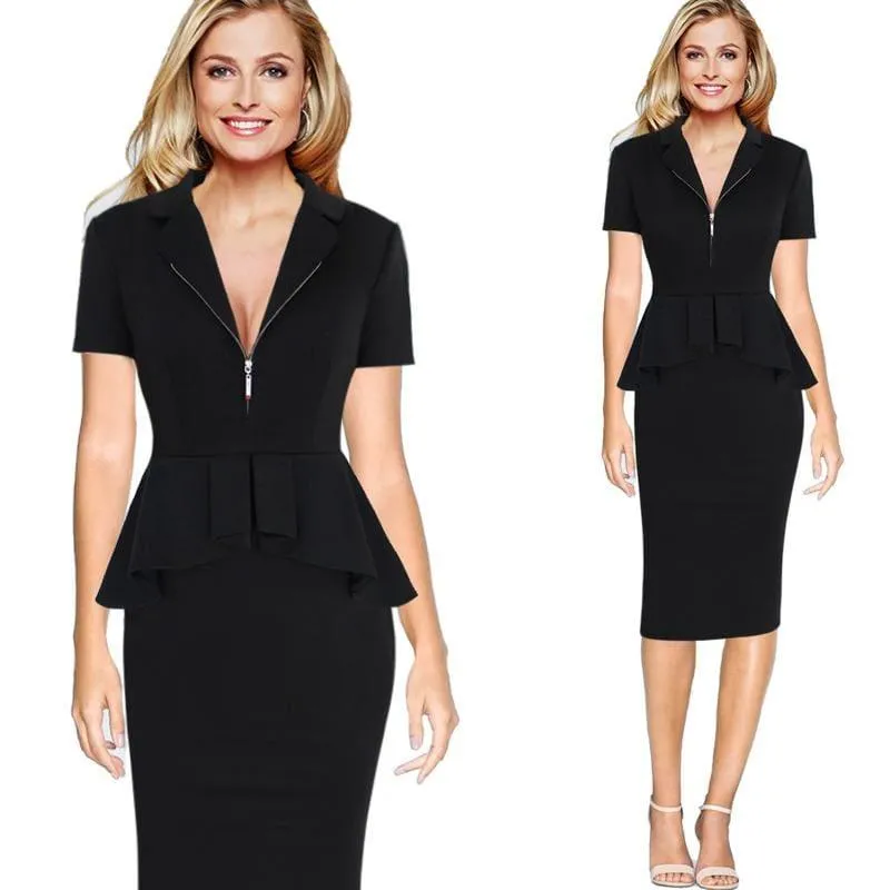 Peplum Vintage Wear To Work Business Zipper Front Lapel Midi Dress