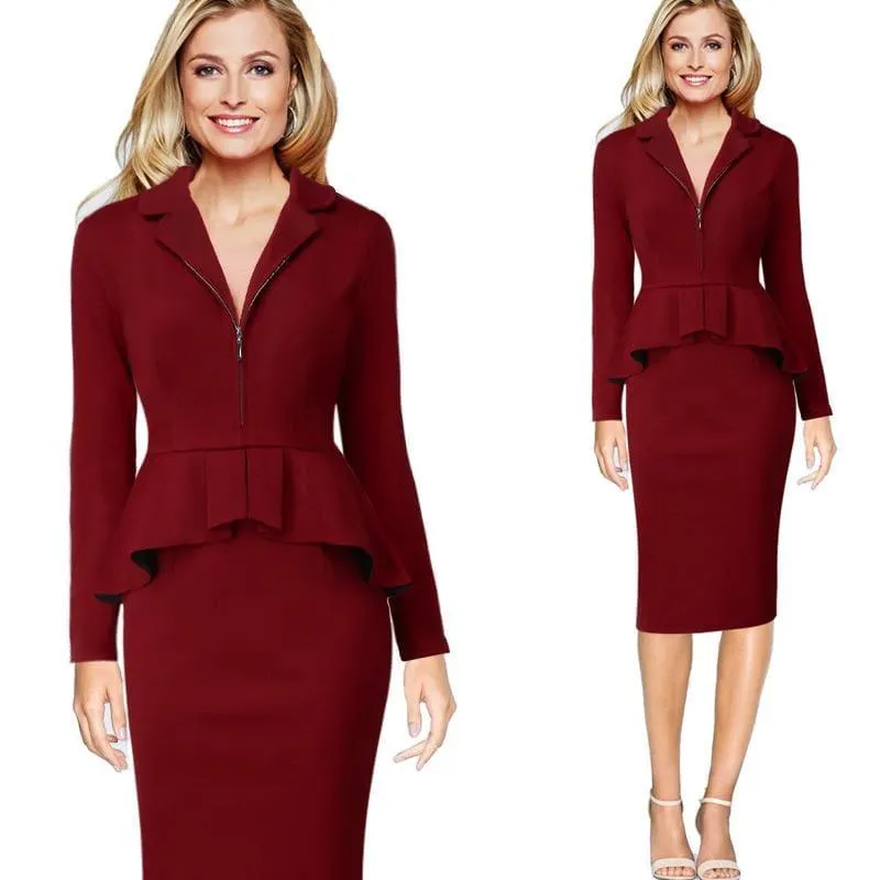 Peplum Vintage Wear To Work Business Zipper Front Lapel Midi Dress