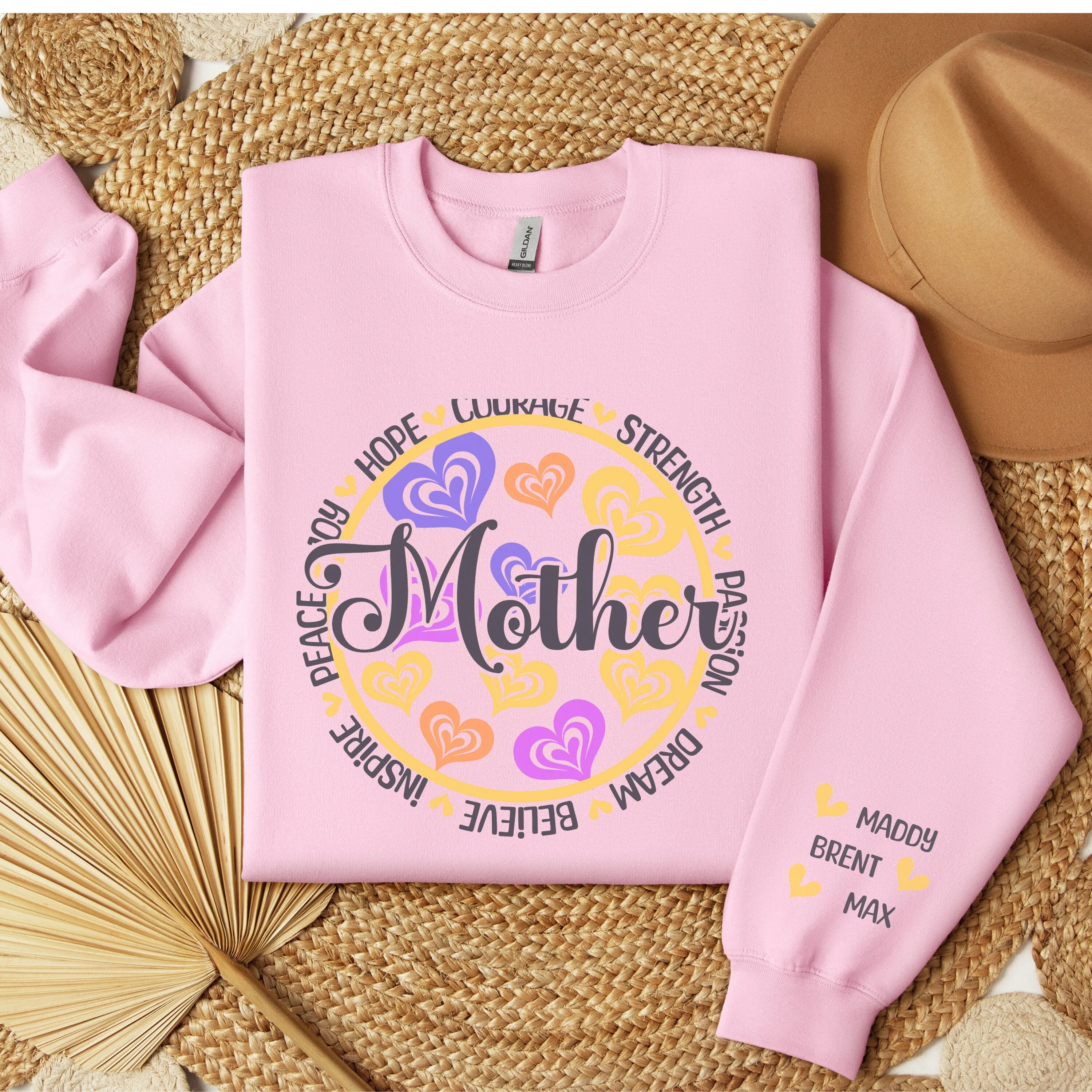 Personalized Sleeve Print Mother's Day Sweatshirt, Colorful Heart Design, Inspirational Words, Women's Gift