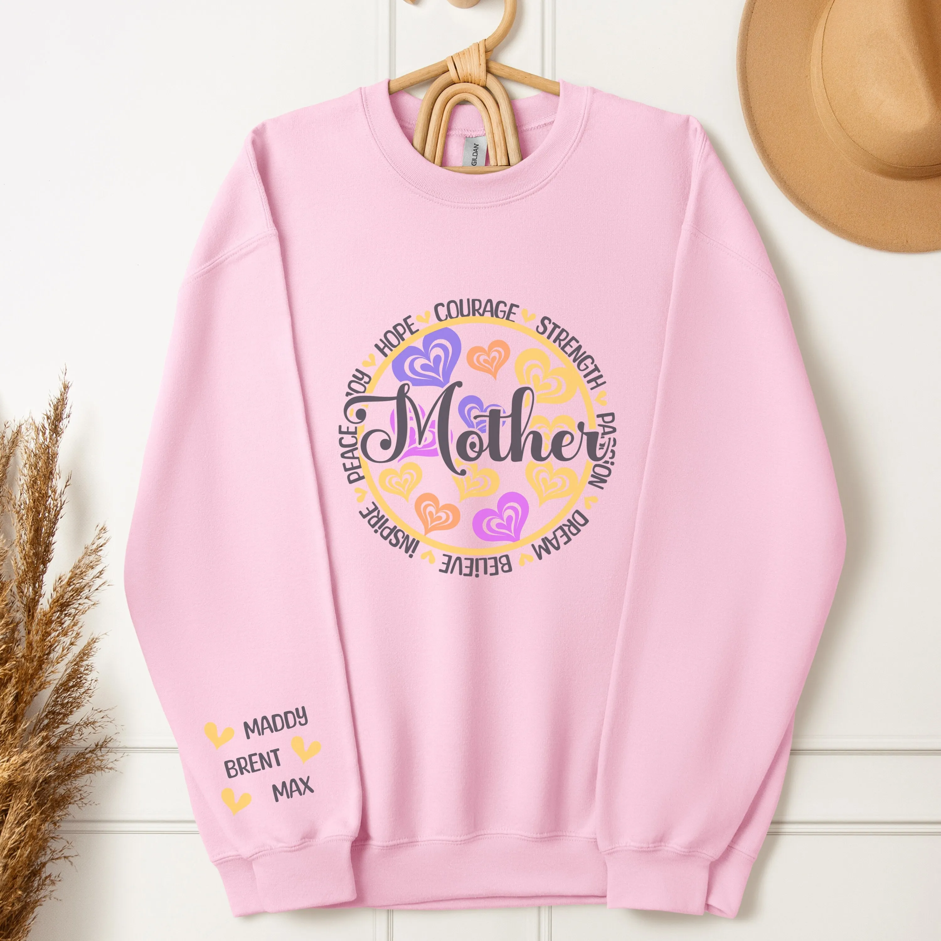 Personalized Sleeve Print Mother's Day Sweatshirt, Colorful Heart Design, Inspirational Words, Women's Gift