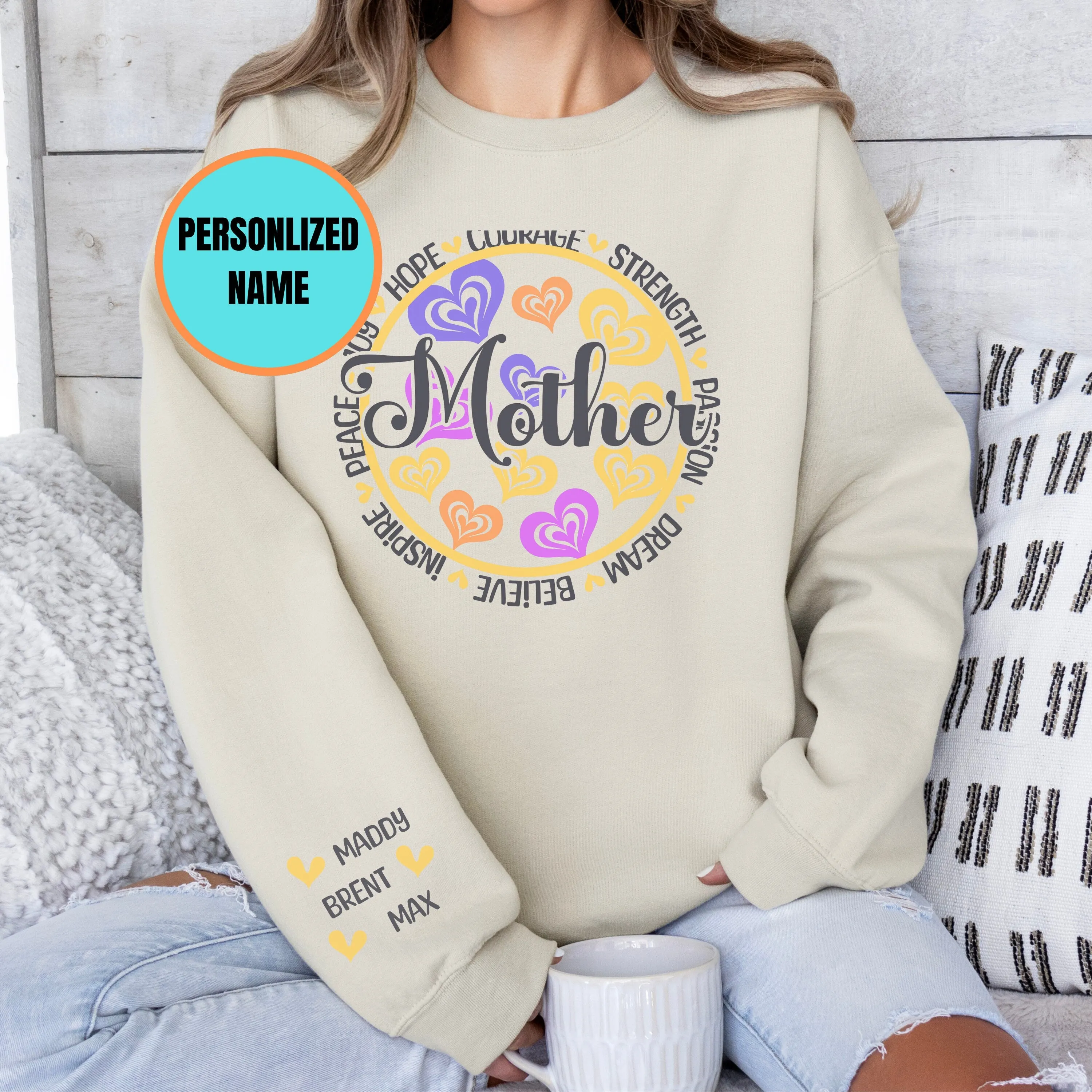 Personalized Sleeve Print Mother's Day Sweatshirt, Colorful Heart Design, Inspirational Words, Women's Gift