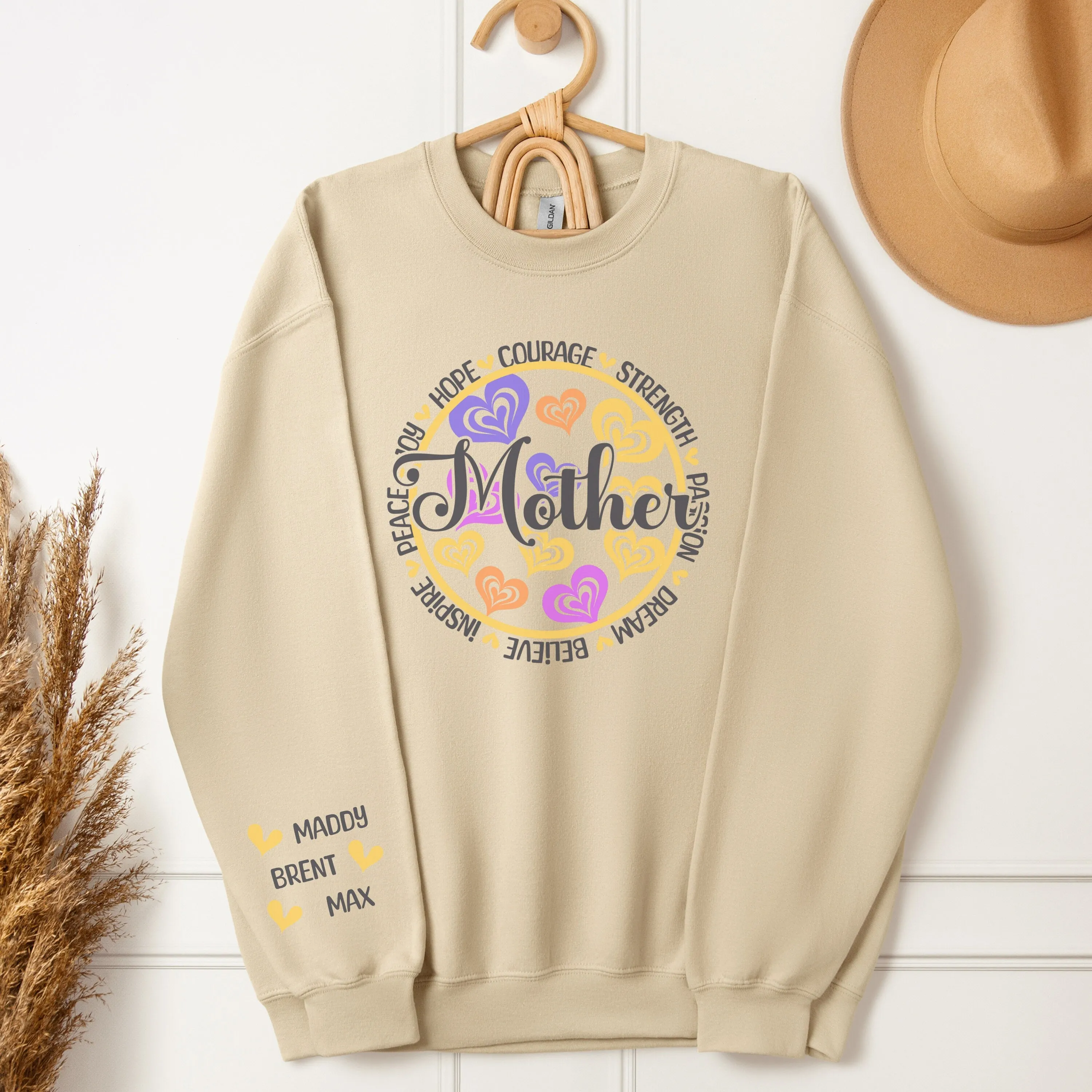 Personalized Sleeve Print Mother's Day Sweatshirt, Colorful Heart Design, Inspirational Words, Women's Gift