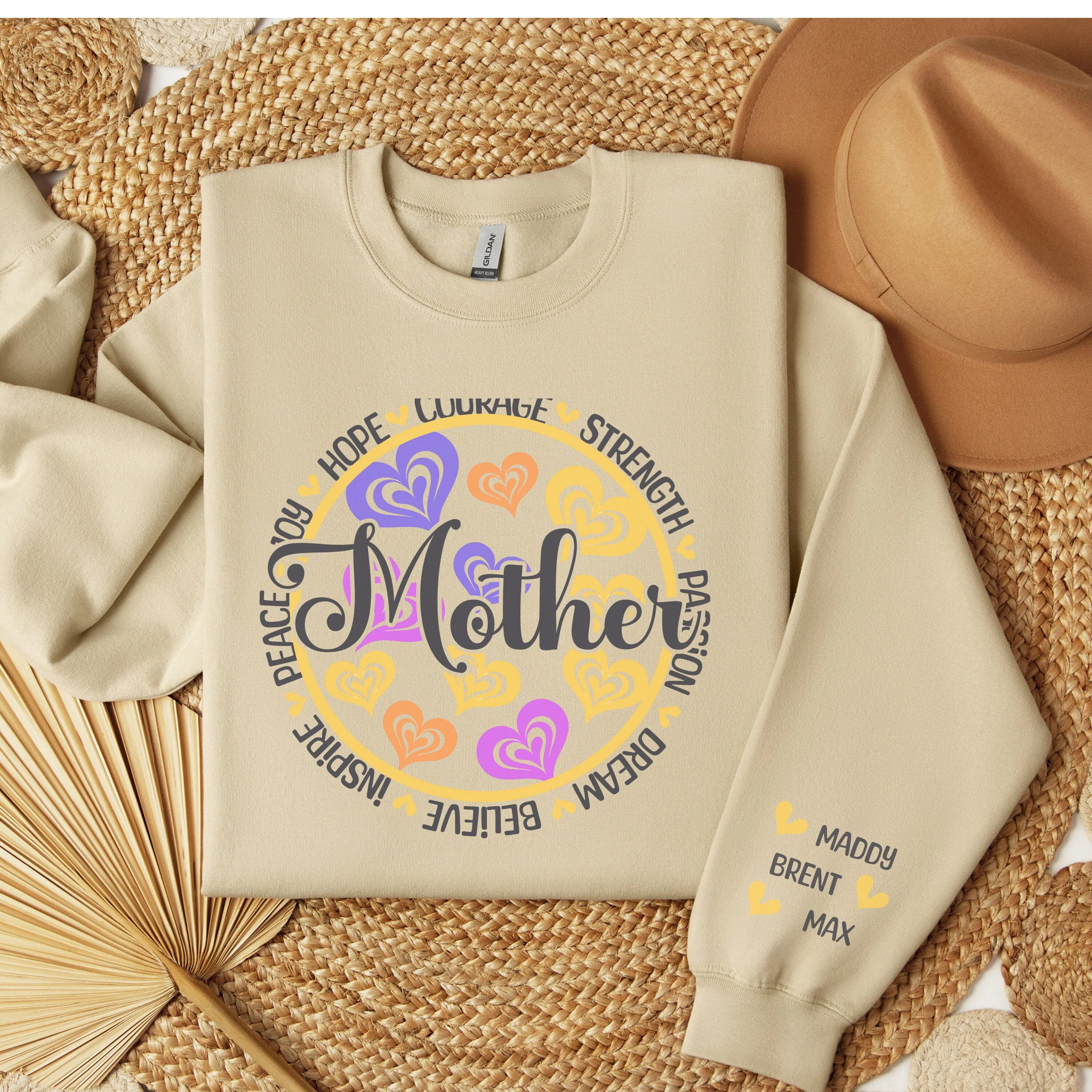 Personalized Sleeve Print Mother's Day Sweatshirt, Colorful Heart Design, Inspirational Words, Women's Gift