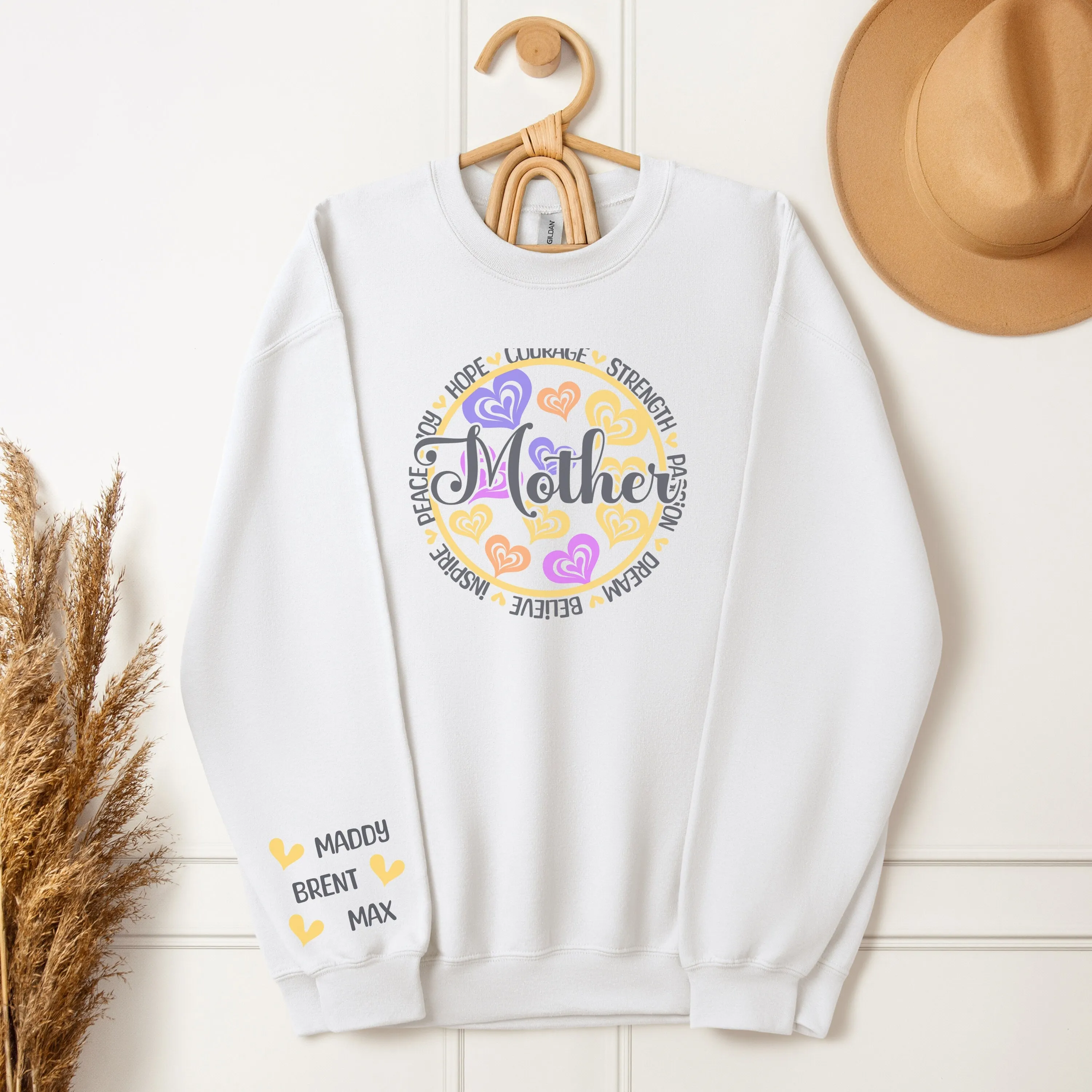 Personalized Sleeve Print Mother's Day Sweatshirt, Colorful Heart Design, Inspirational Words, Women's Gift