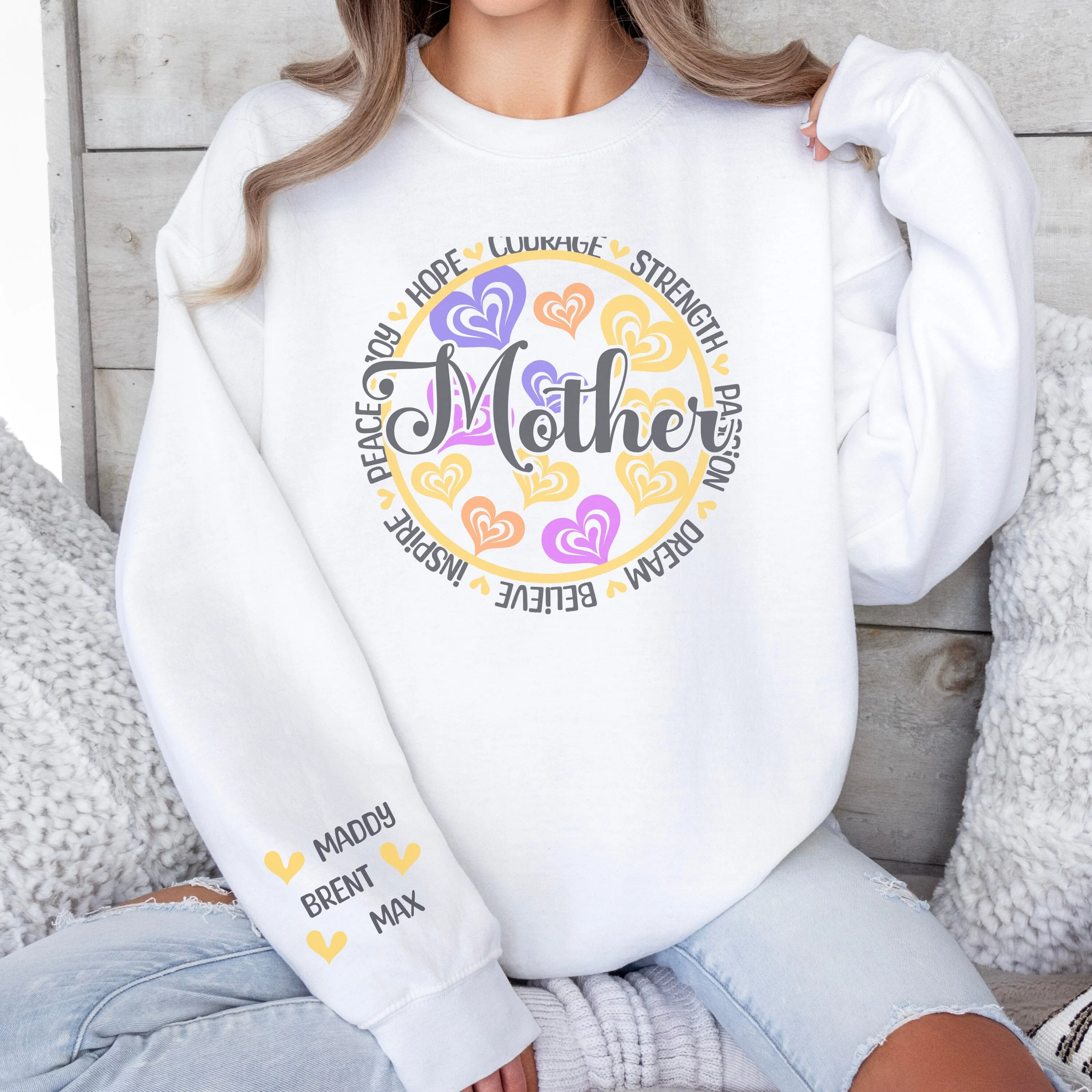 Personalized Sleeve Print Mother's Day Sweatshirt, Colorful Heart Design, Inspirational Words, Women's Gift