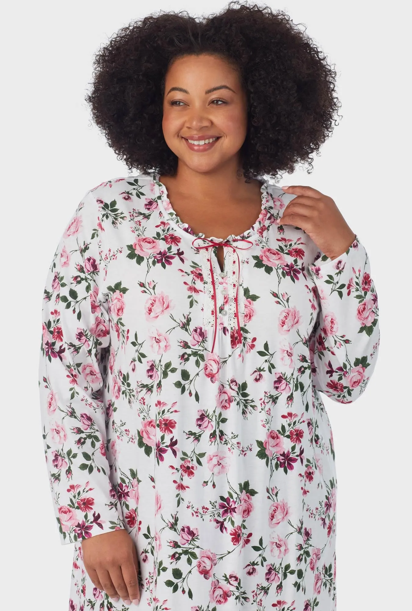 Pink and Berry Roses Long Sleeve Midi Nightgown