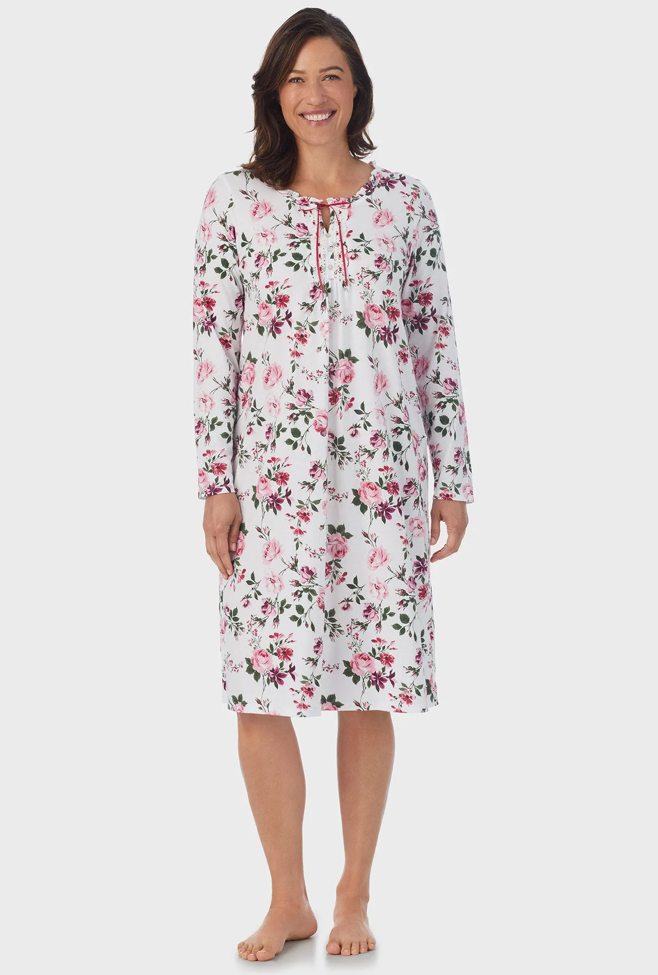 Pink and Berry Roses Long Sleeve Midi Nightgown