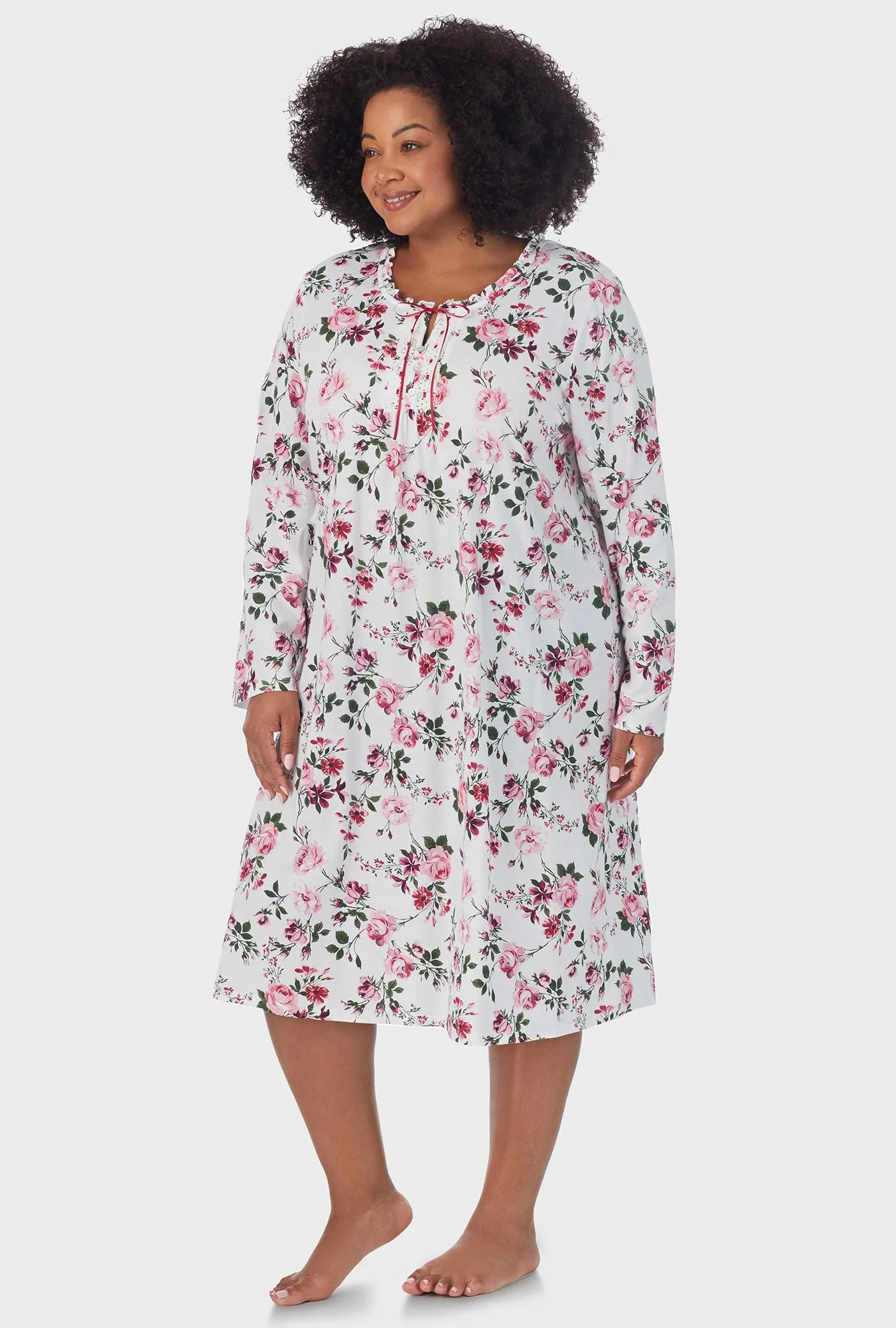 Pink and Berry Roses Long Sleeve Midi Nightgown