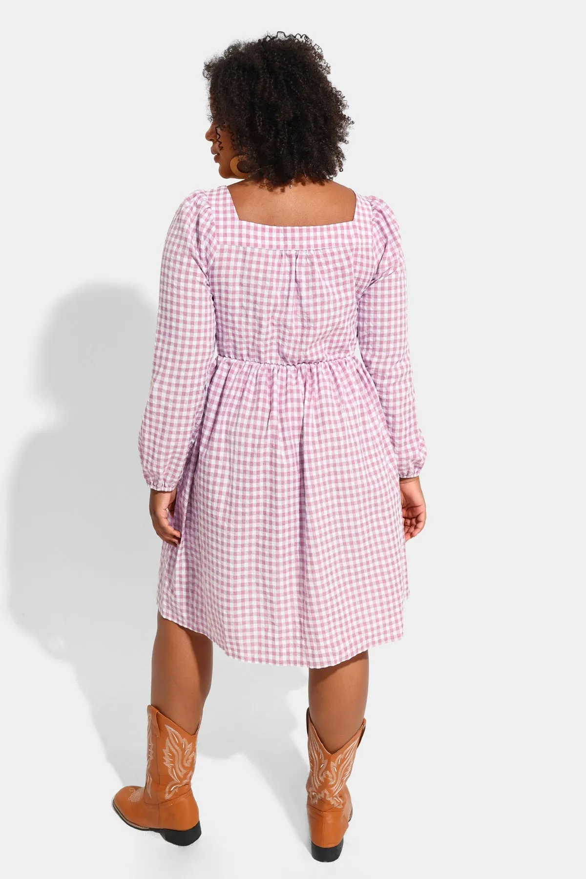 Plaid Button Down Square Neck Pleated Midi Dress