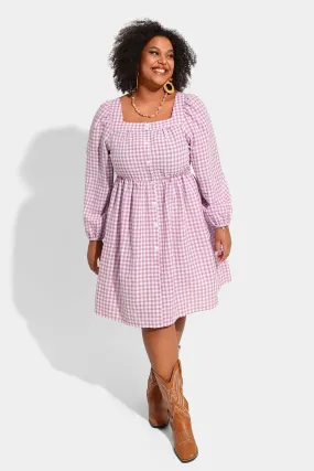 Plaid Button Down Square Neck Pleated Midi Dress