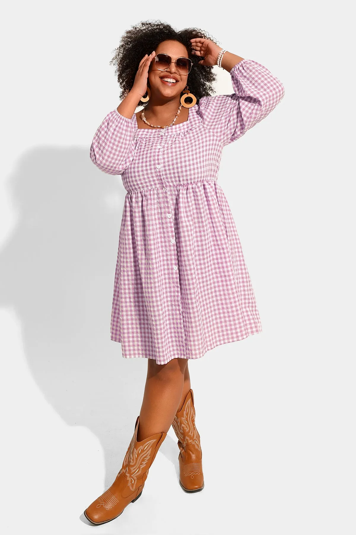 Plaid Button Down Square Neck Pleated Midi Dress