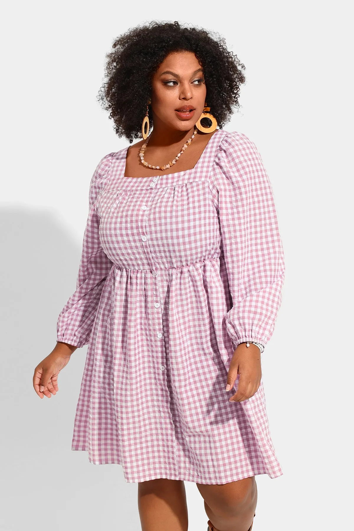 Plaid Button Down Square Neck Pleated Midi Dress