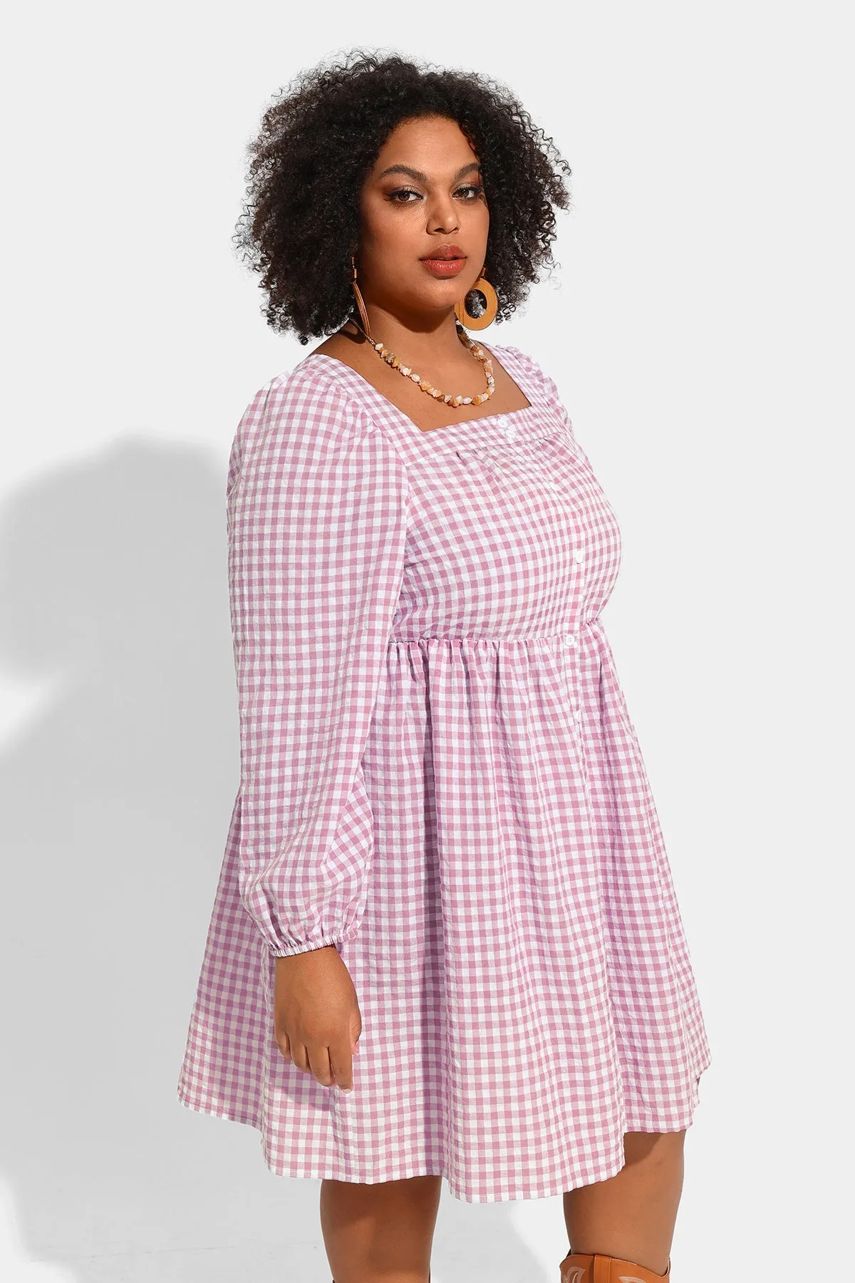 Plaid Button Down Square Neck Pleated Midi Dress