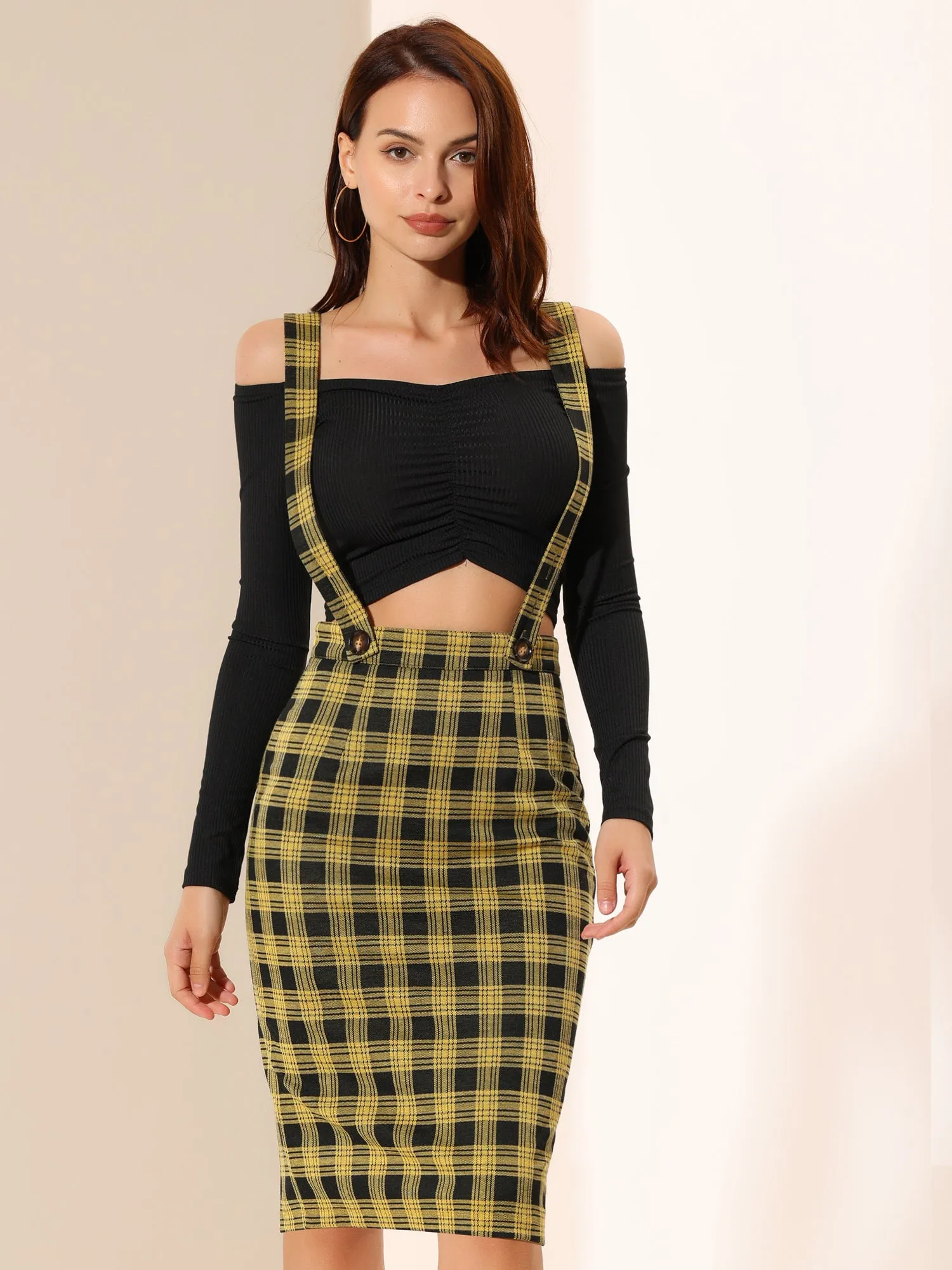 Plaid Overall Party Vintage Pencil Braces Suspender Skirt