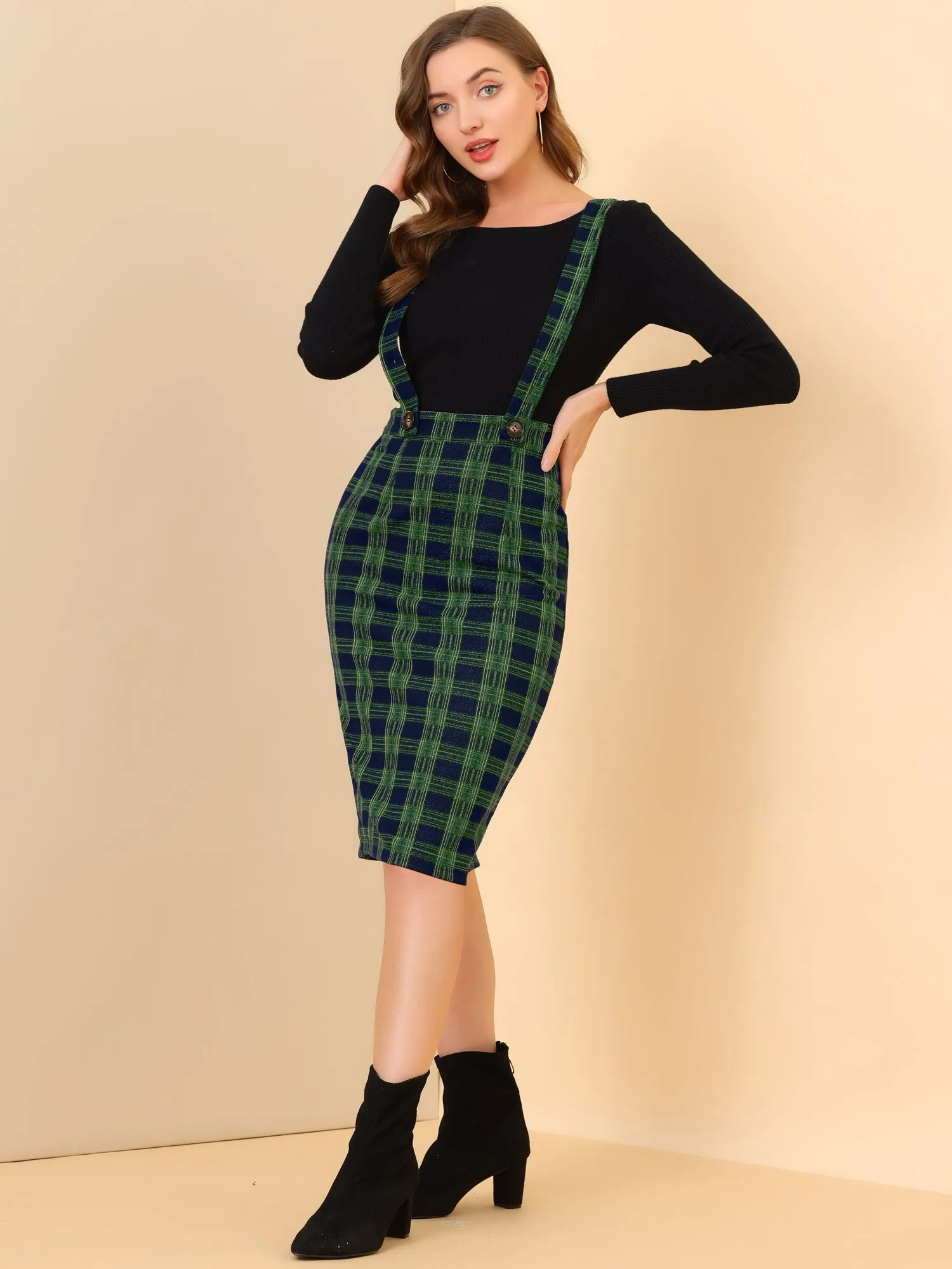 Plaid Overall Party Vintage Pencil Braces Suspender Skirt