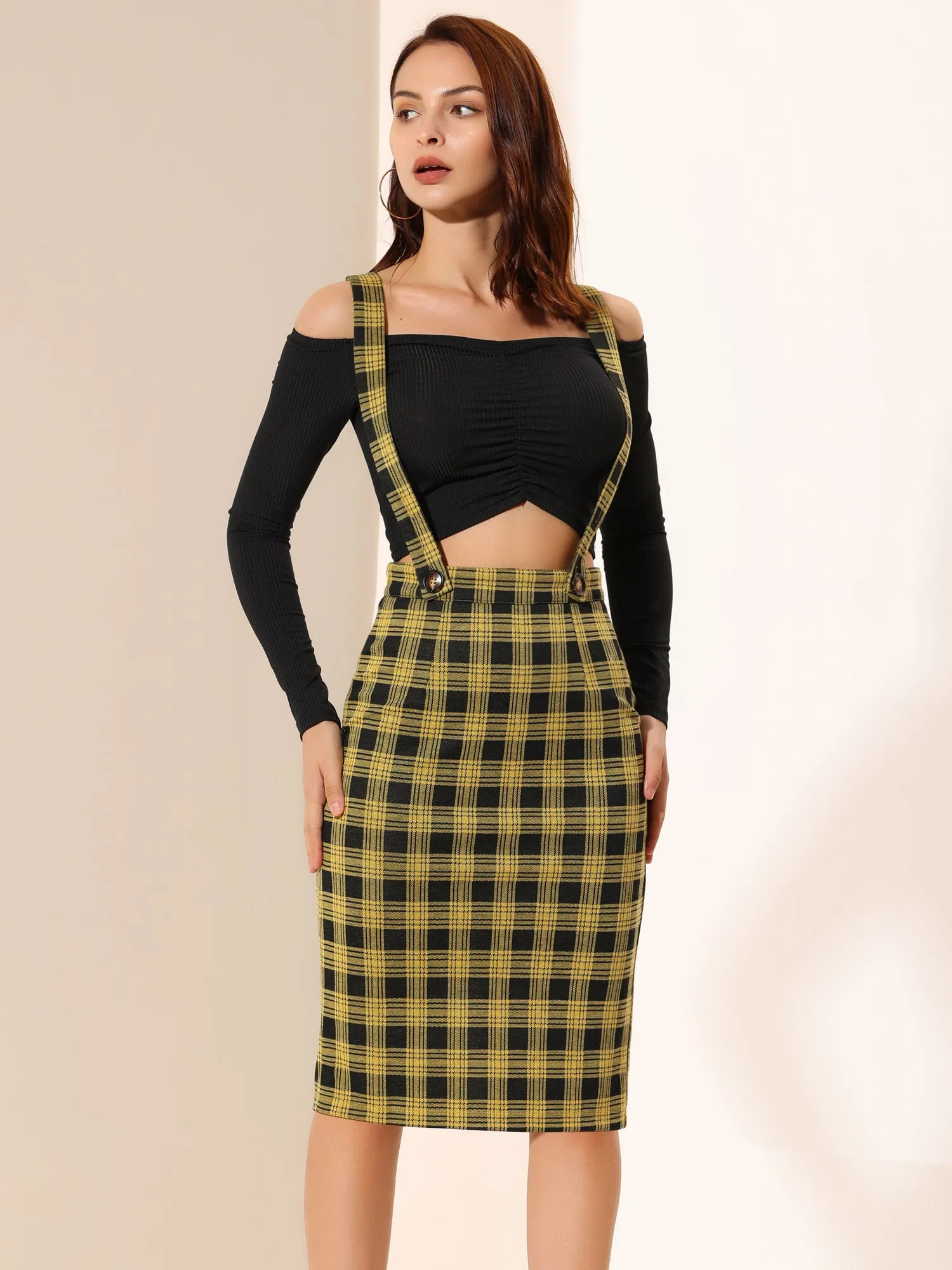 Plaid Overall Party Vintage Pencil Braces Suspender Skirt