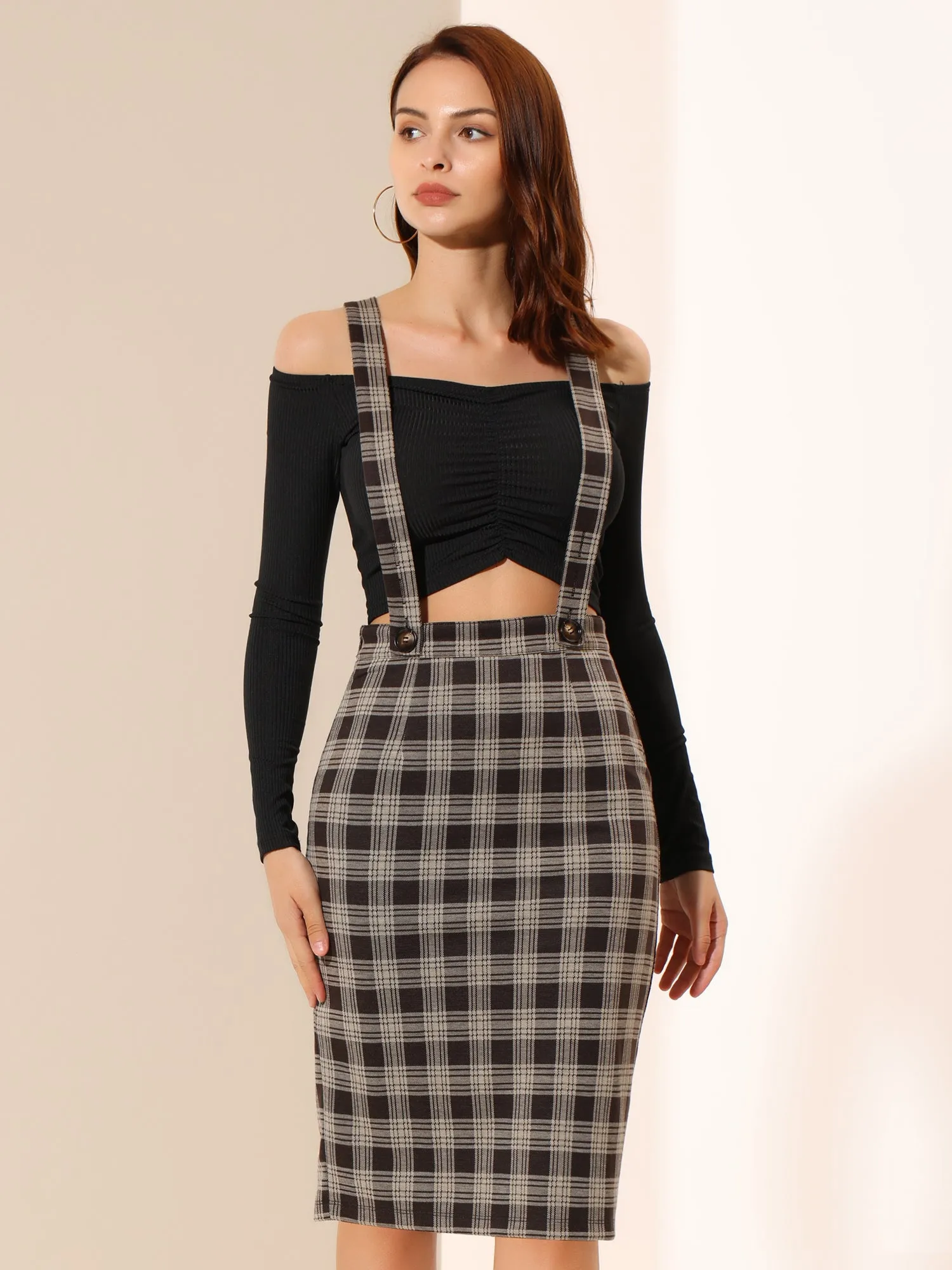 Plaid Overall Party Vintage Pencil Braces Suspender Skirt