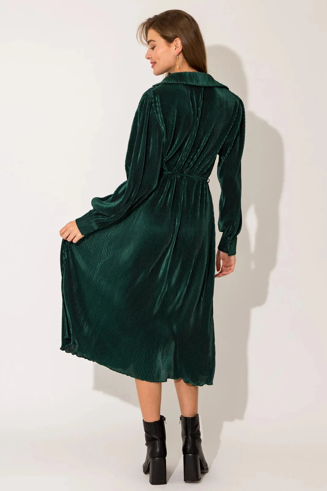 Pleated Long Sleeve Collared Belted Midi Shirt Dress