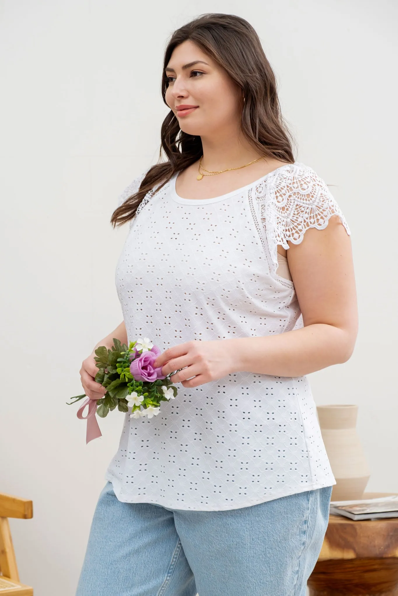 PLUS EYELET EMBROIDERY KNIT TOP