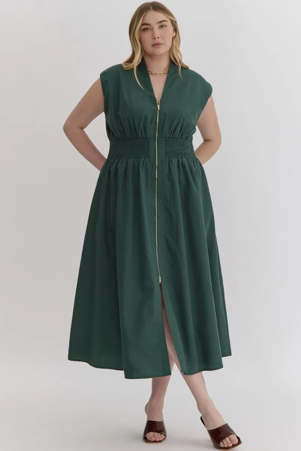 Plus Size Hunter Green V Neck Zipper Midi Dress