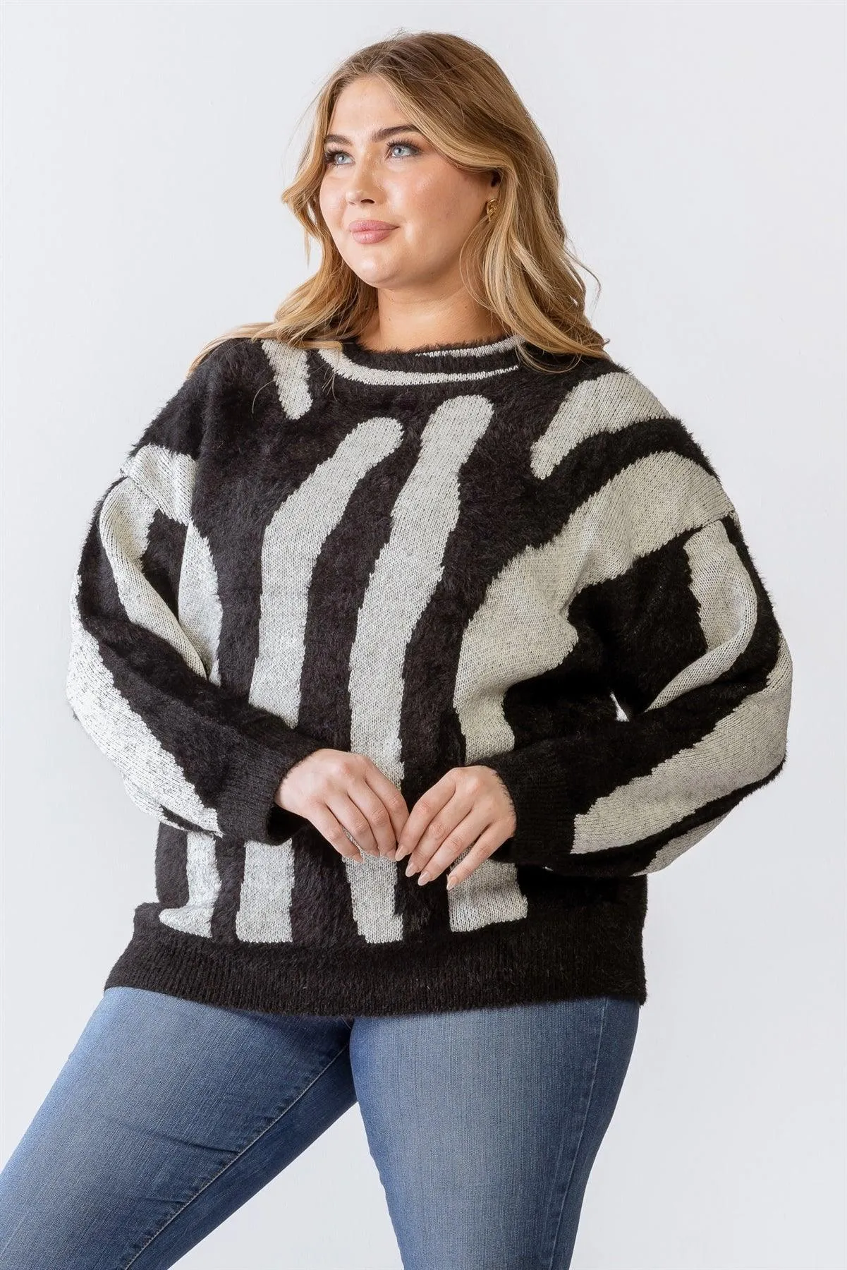 Plus Size Knit Fuzzy Zebra Animal Print Sweater /3-2-1