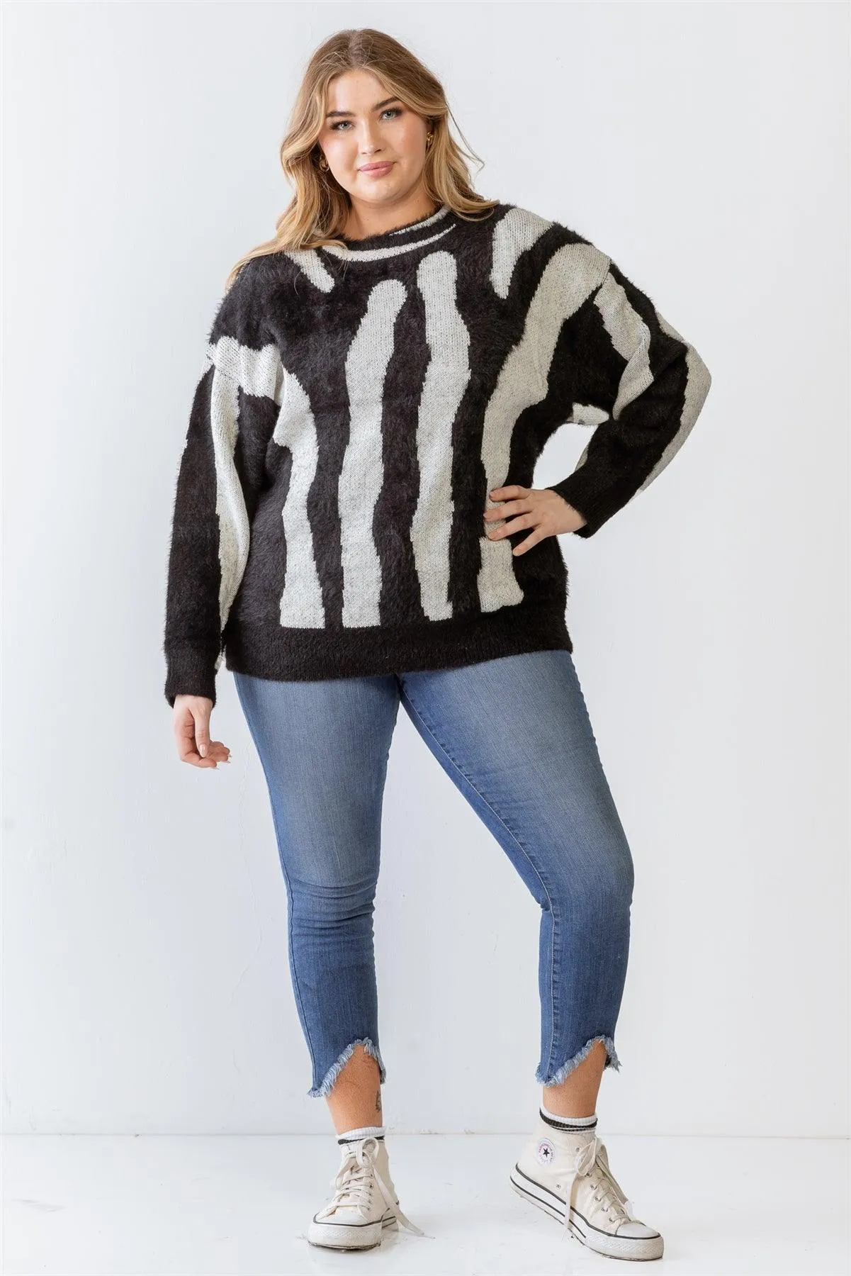 Plus Size Knit Fuzzy Zebra Animal Print Sweater /3-2-1