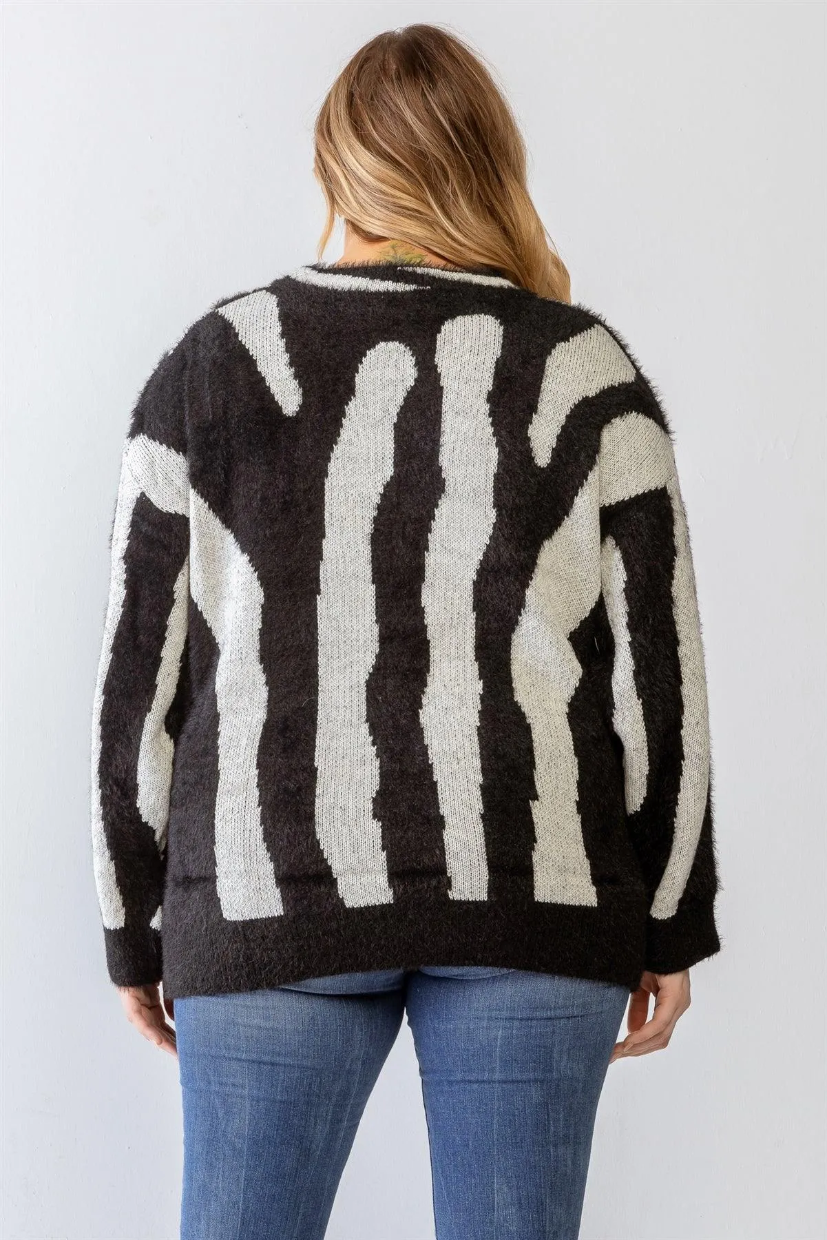 Plus Size Knit Fuzzy Zebra Animal Print Sweater /3-2-1