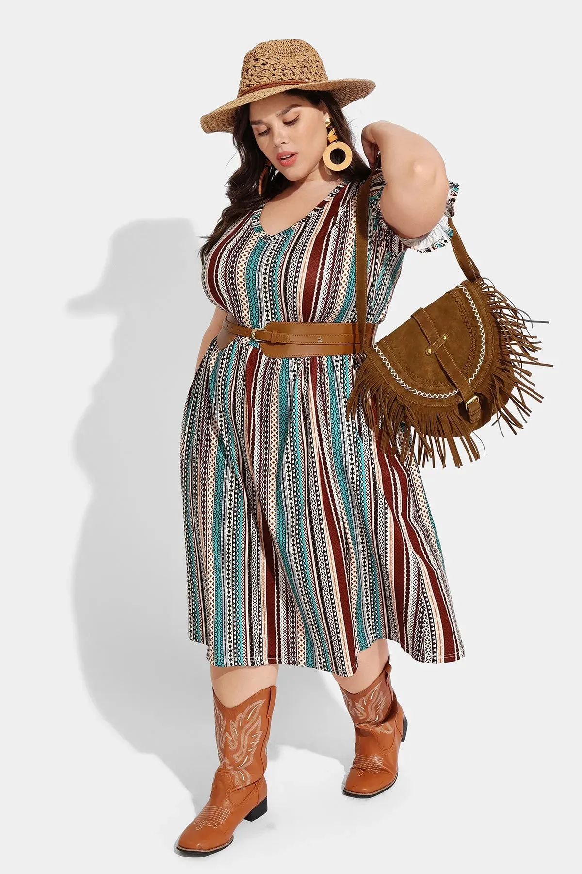 Pocket Boho Stripe Ruffle Sleeve V Neck Midi Dress