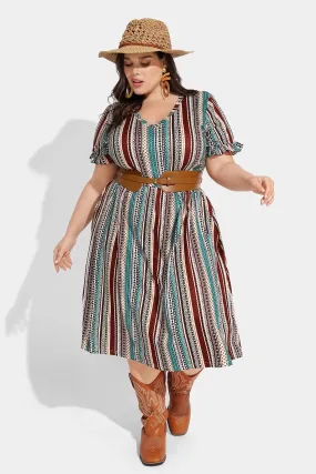 Pocket Boho Stripe Ruffle Sleeve V Neck Midi Dress