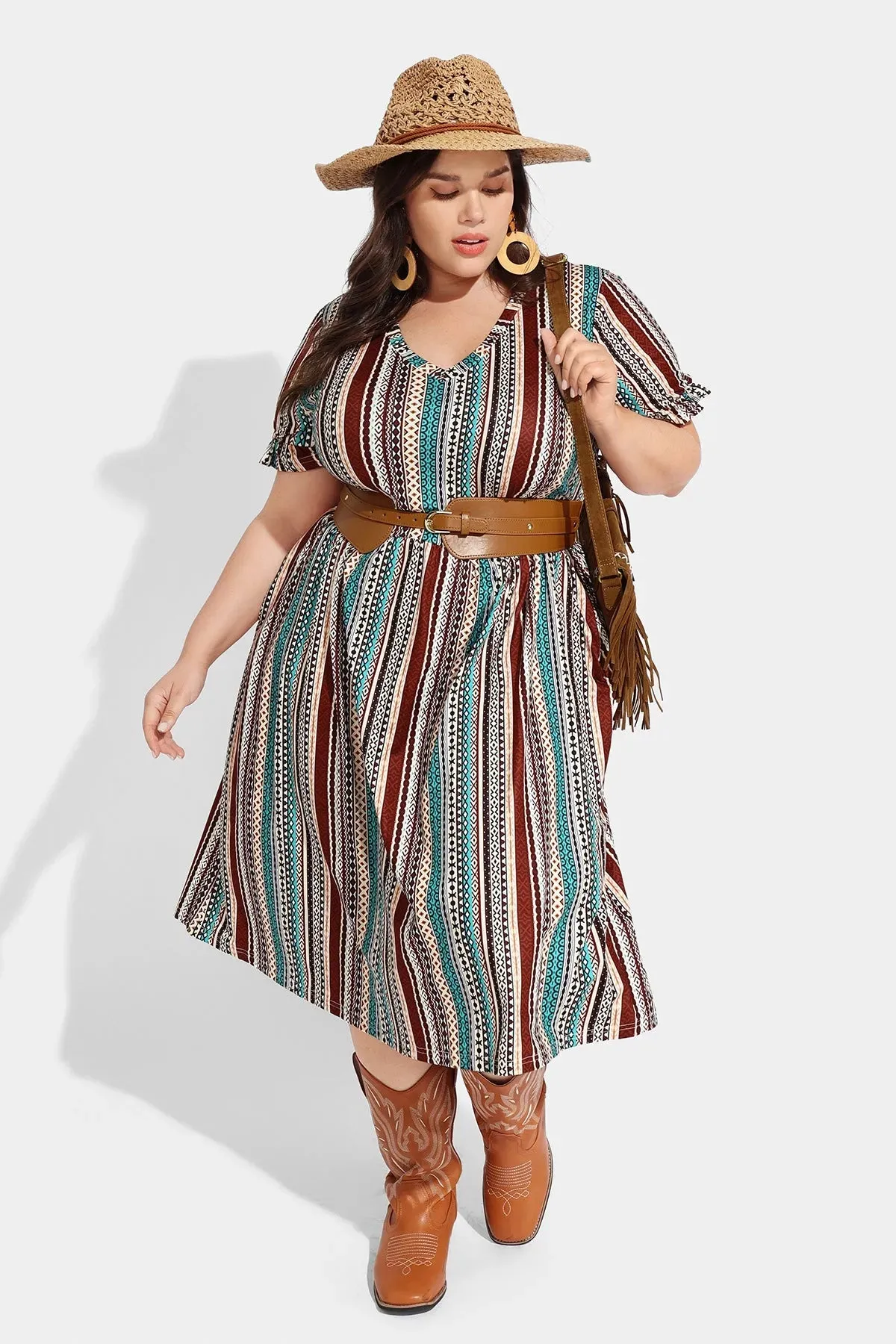 Pocket Boho Stripe Ruffle Sleeve V Neck Midi Dress