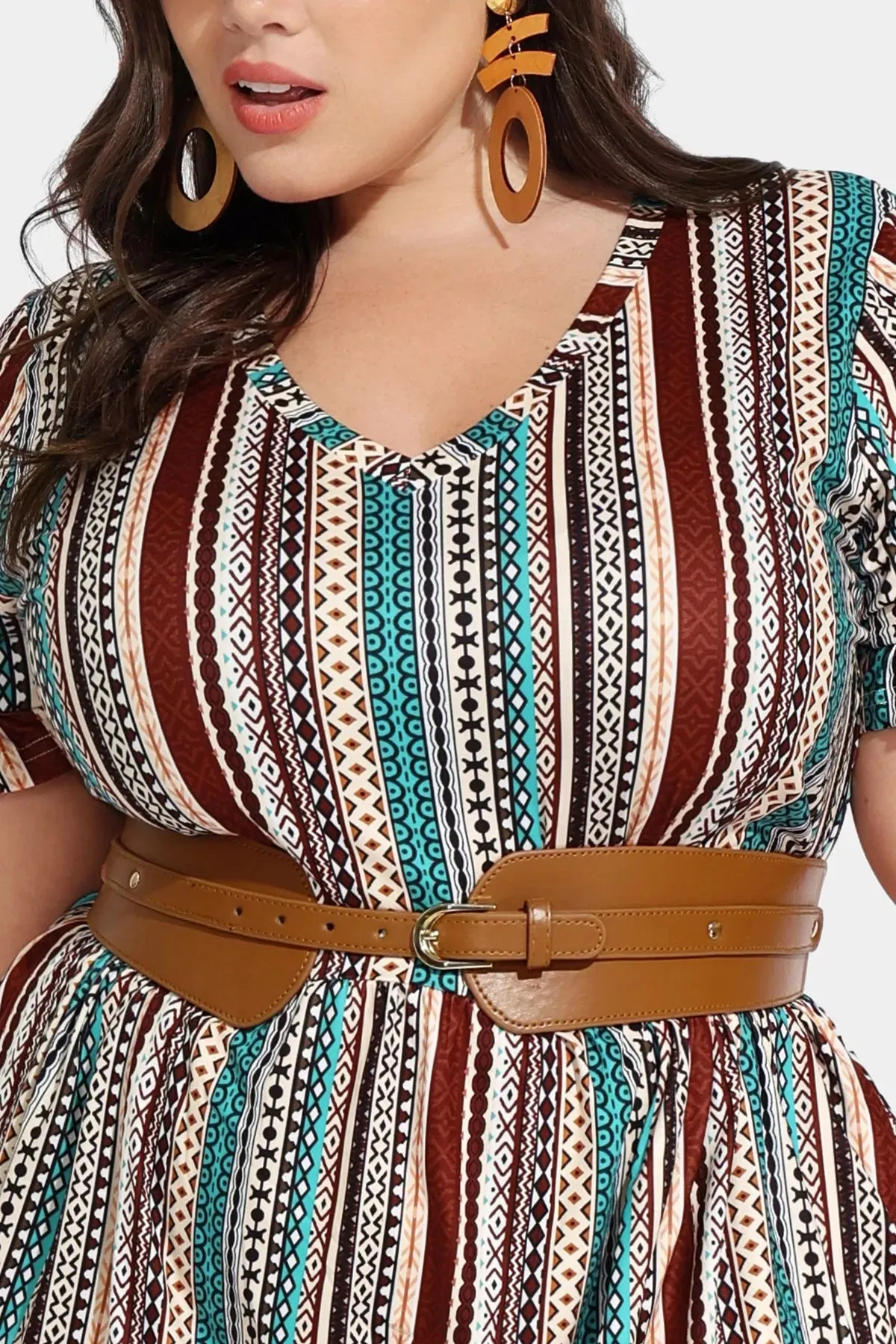 Pocket Boho Stripe Ruffle Sleeve V Neck Midi Dress