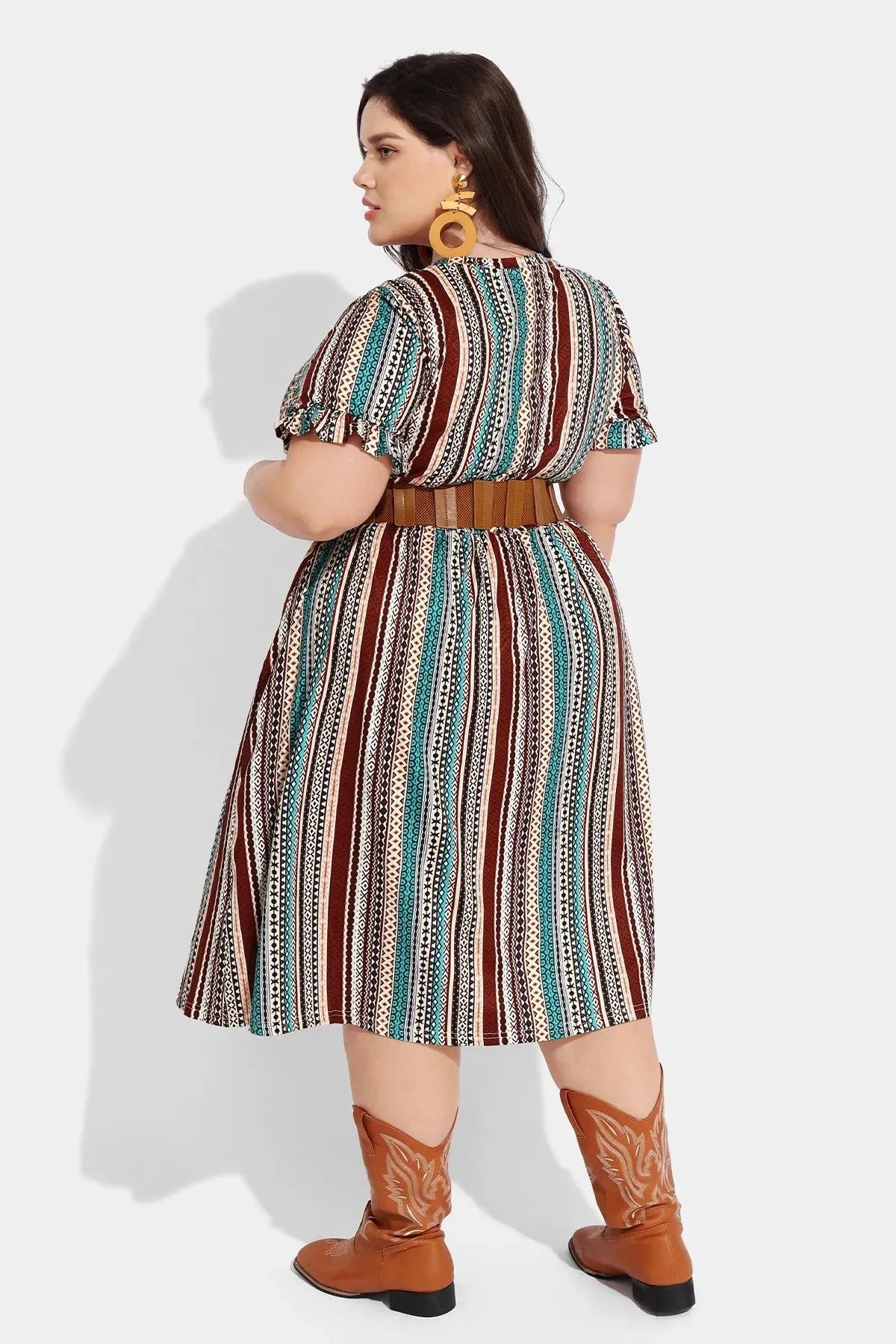 Pocket Boho Stripe Ruffle Sleeve V Neck Midi Dress