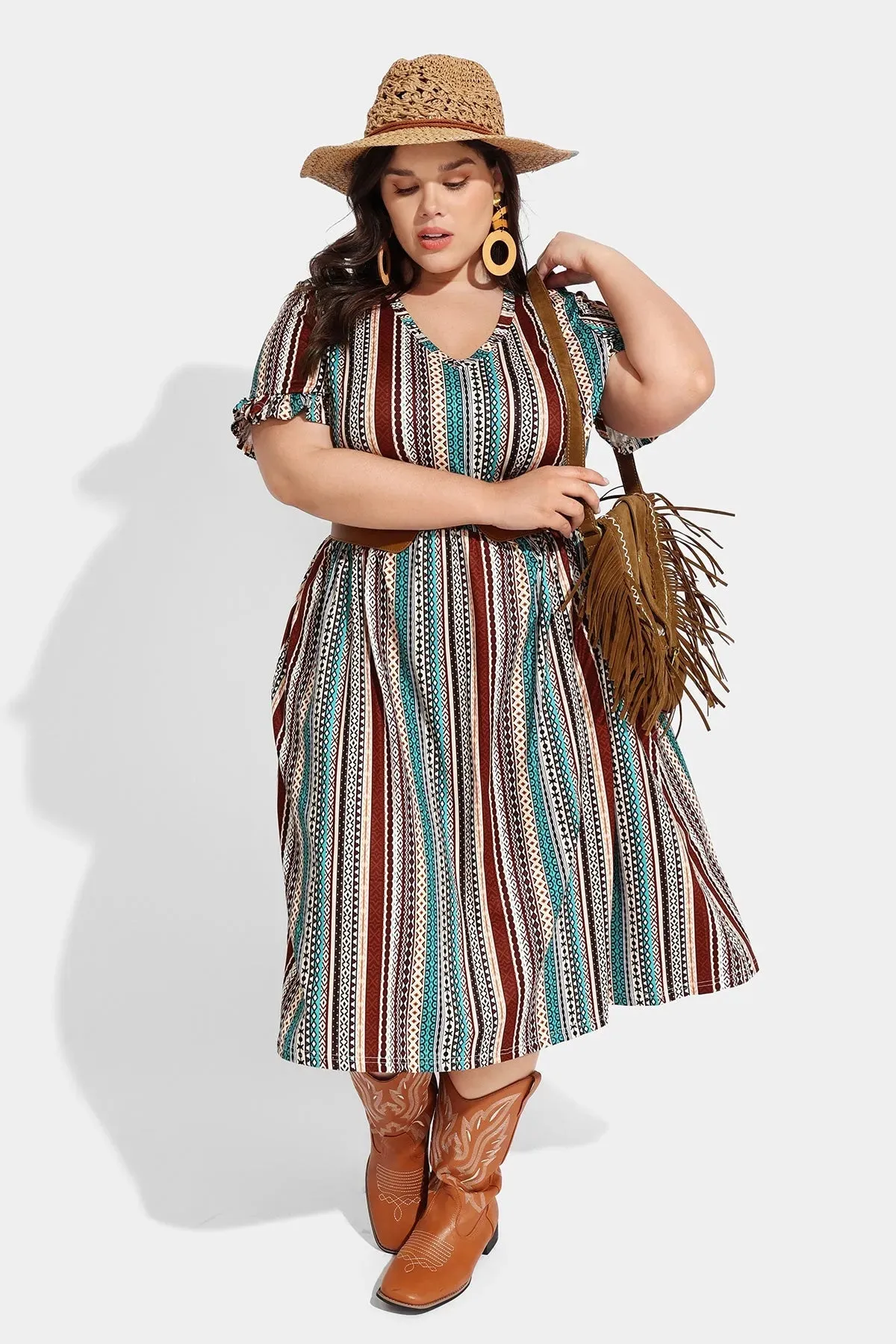 Pocket Boho Stripe Ruffle Sleeve V Neck Midi Dress