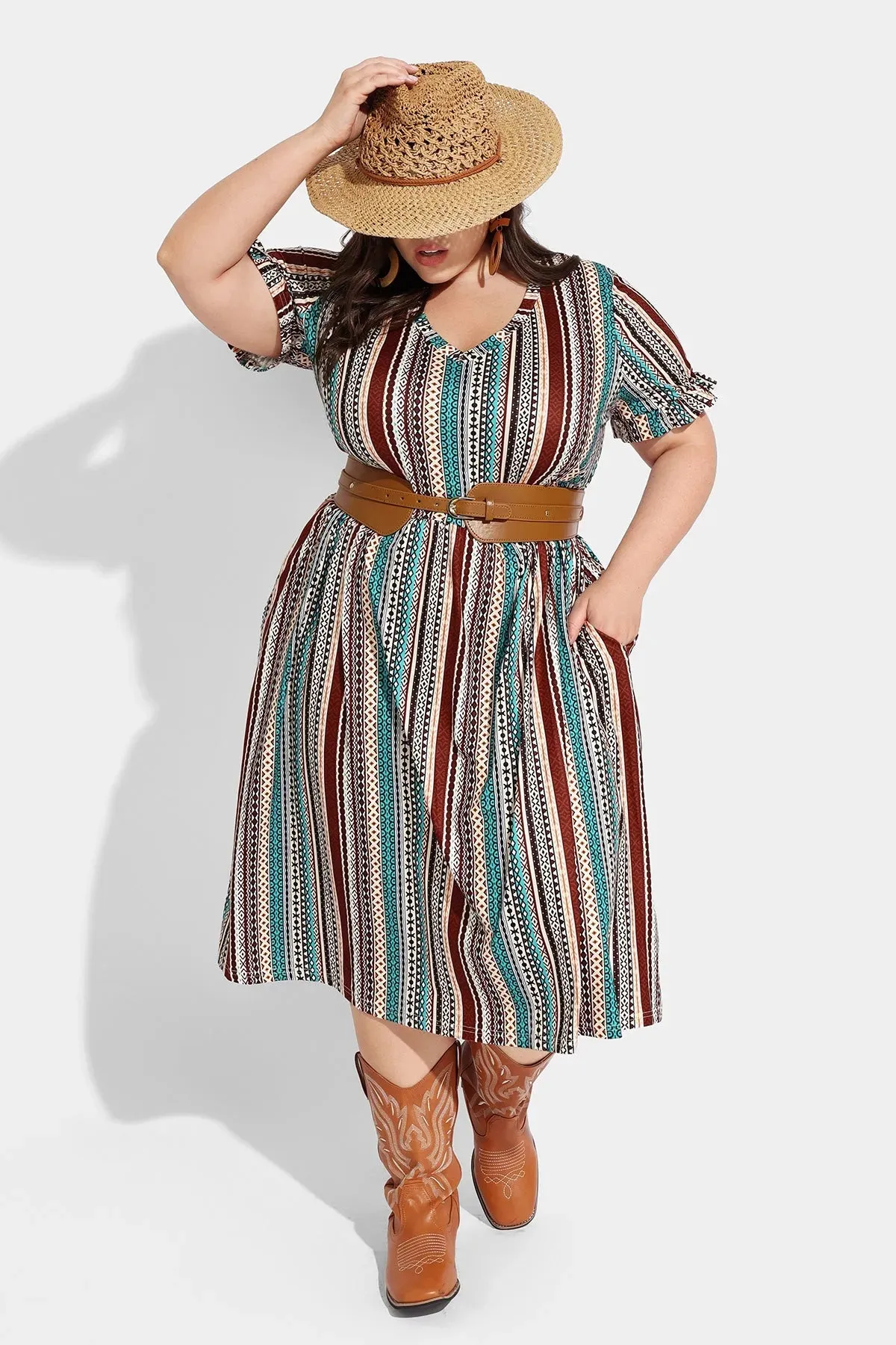 Pocket Boho Stripe Ruffle Sleeve V Neck Midi Dress