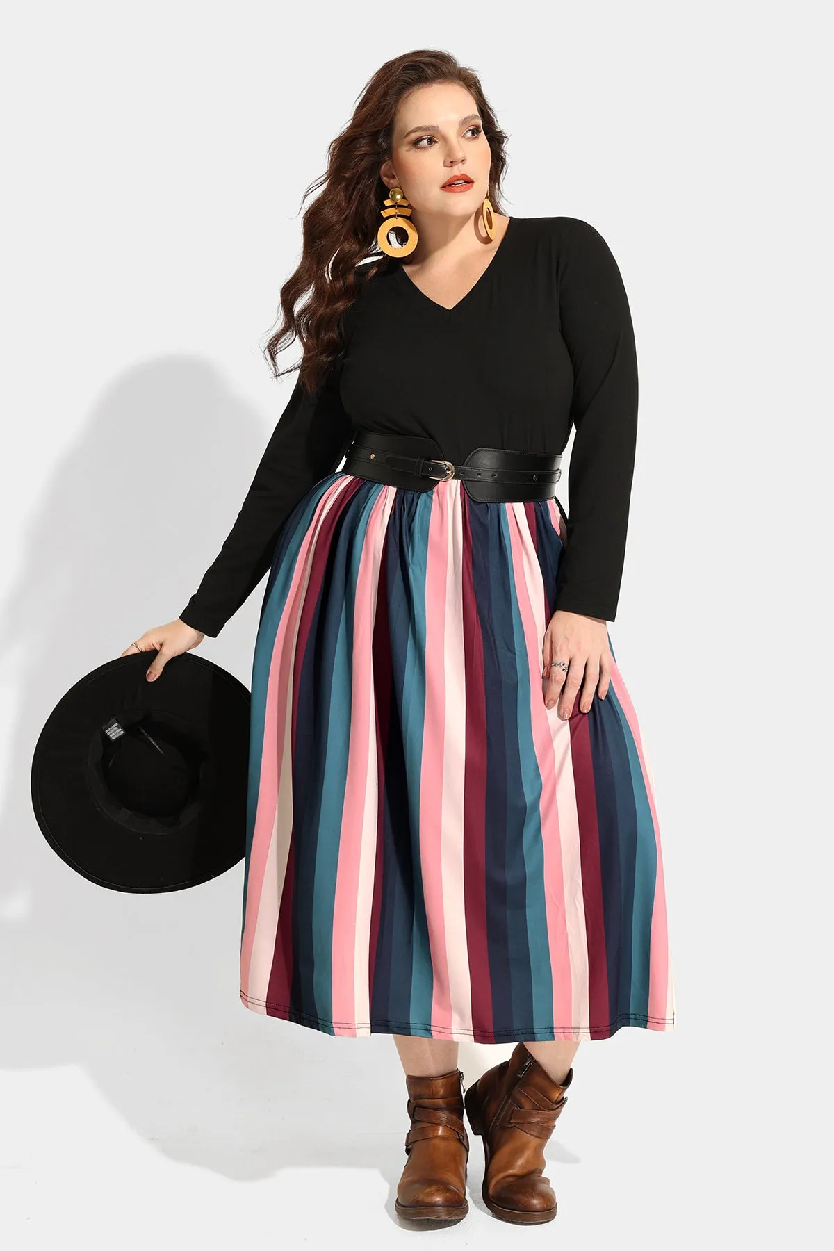 Pocket Colorful Striped Contrast V Neck Midi Dress