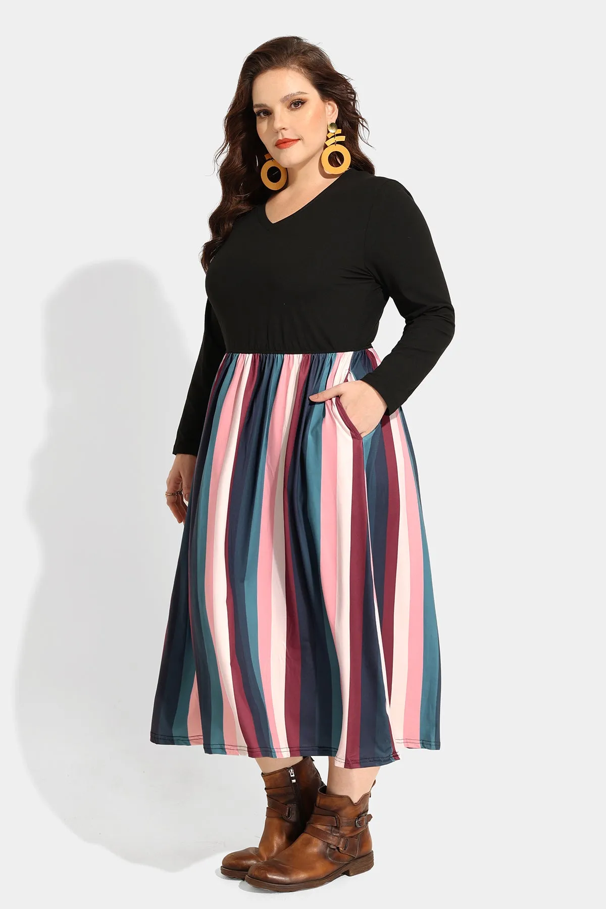 Pocket Colorful Striped Contrast V Neck Midi Dress