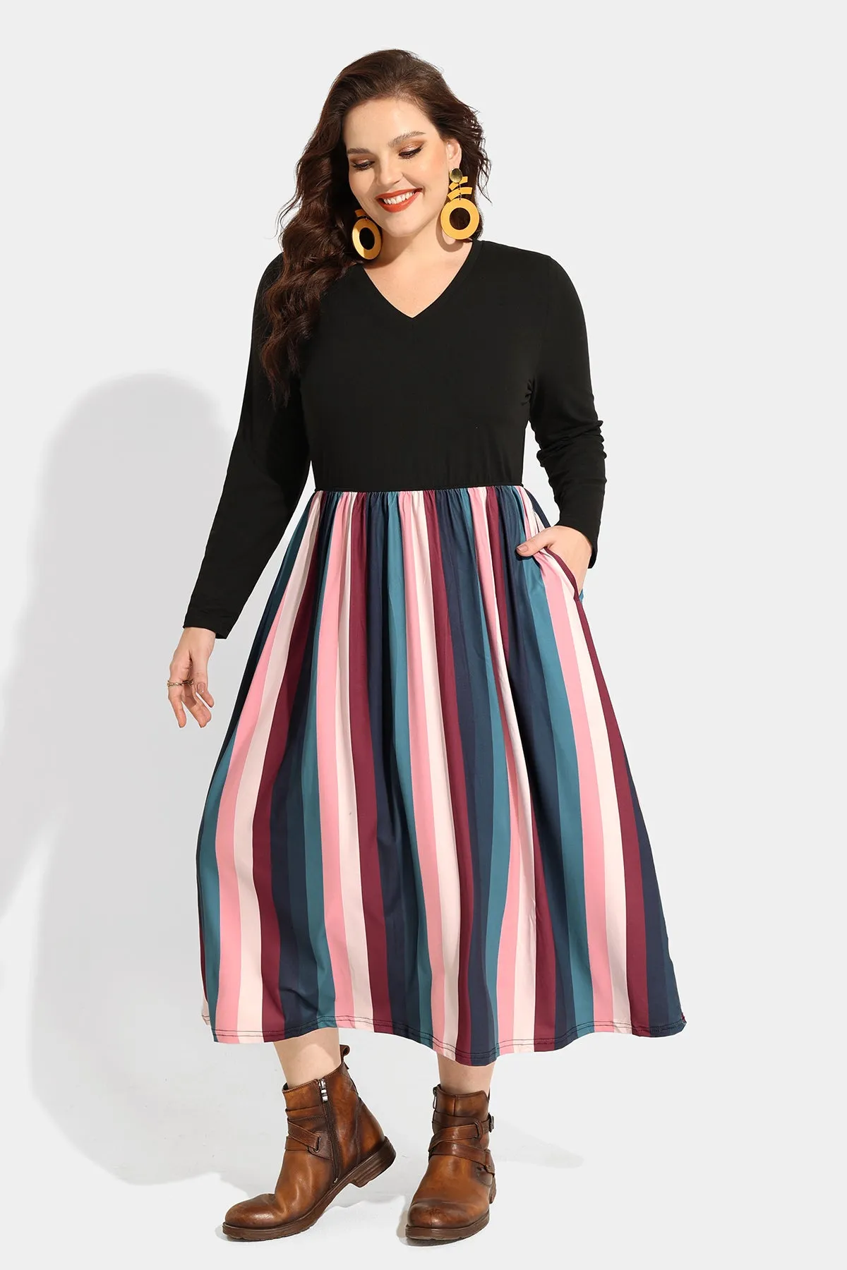 Pocket Colorful Striped Contrast V Neck Midi Dress