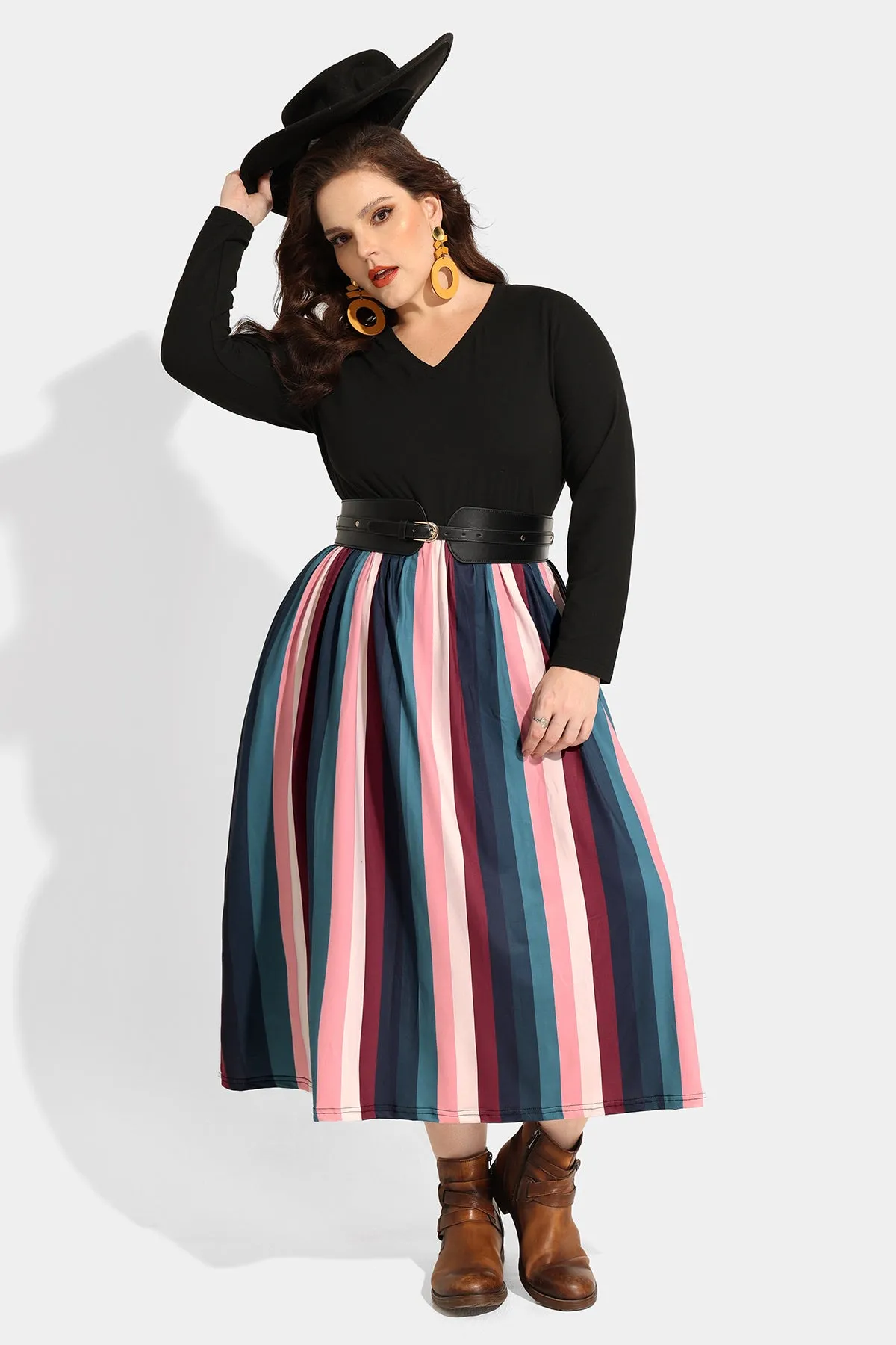 Pocket Colorful Striped Contrast V Neck Midi Dress