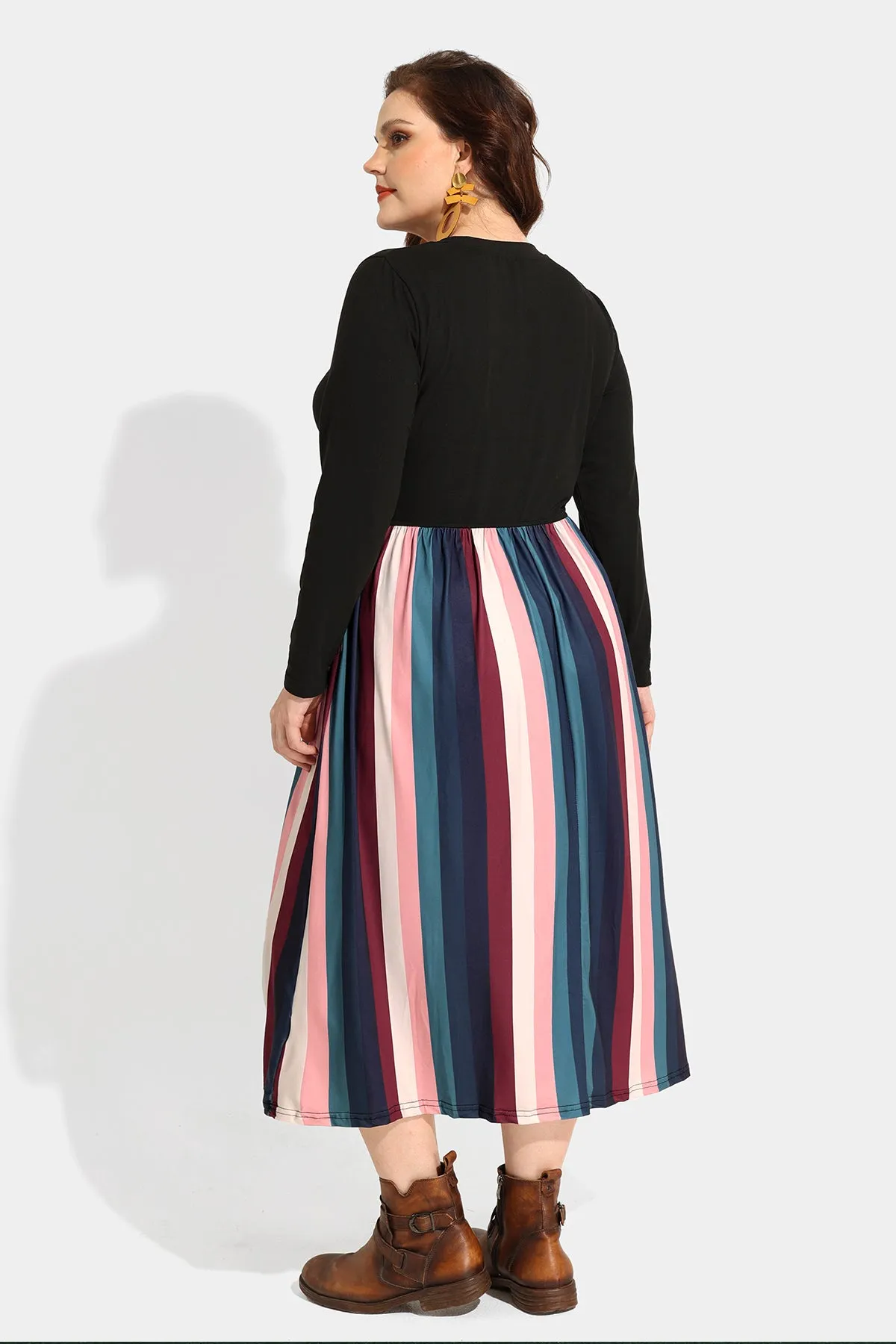 Pocket Colorful Striped Contrast V Neck Midi Dress