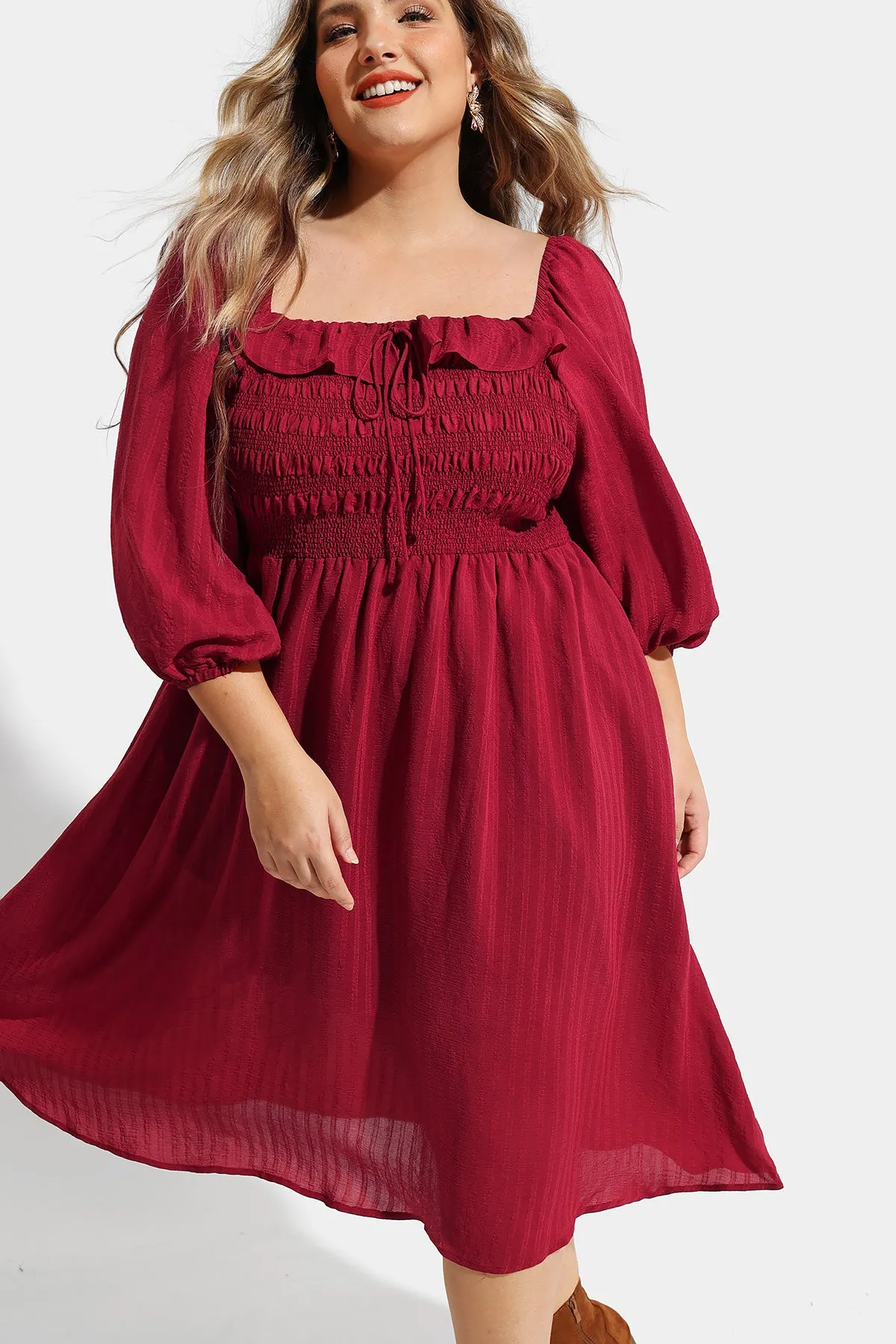 Pocket Drawstring Quarter Sleeves Shirred Midi Dress