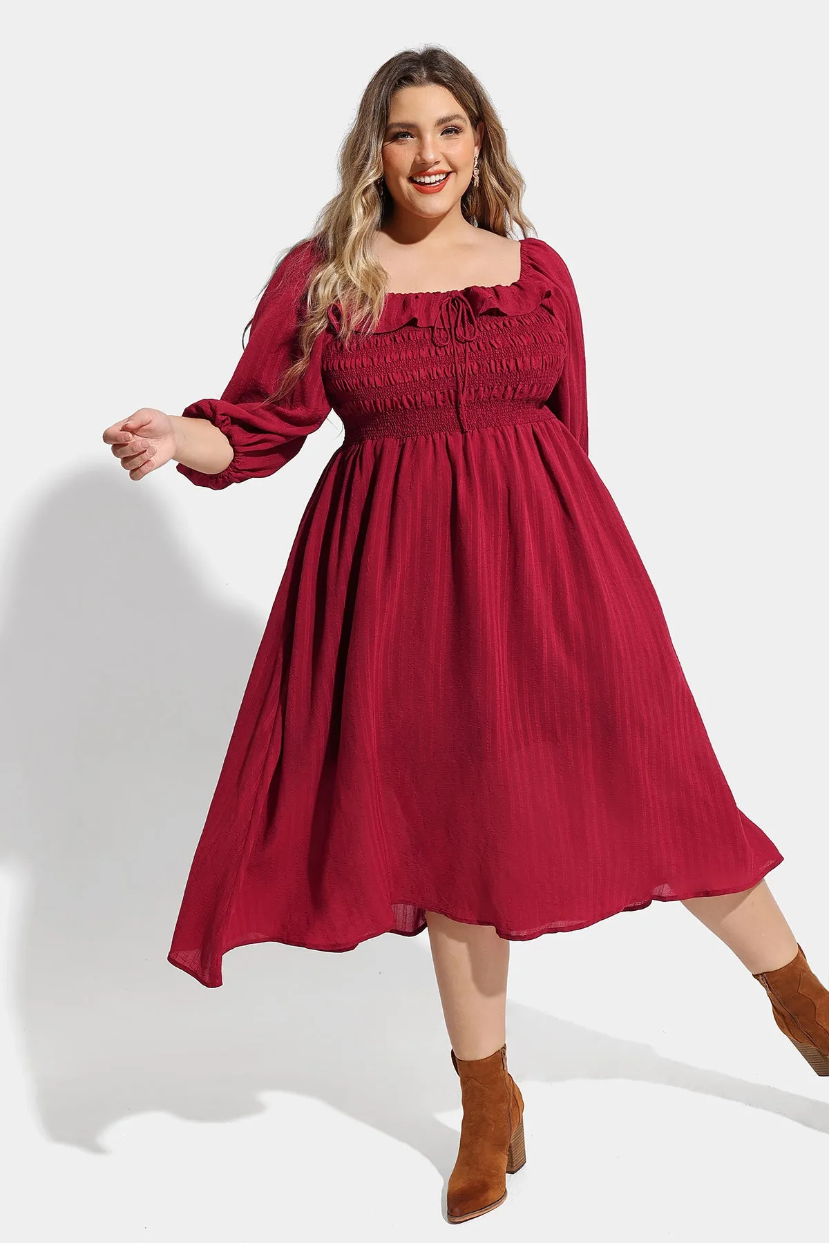 Pocket Drawstring Quarter Sleeves Shirred Midi Dress