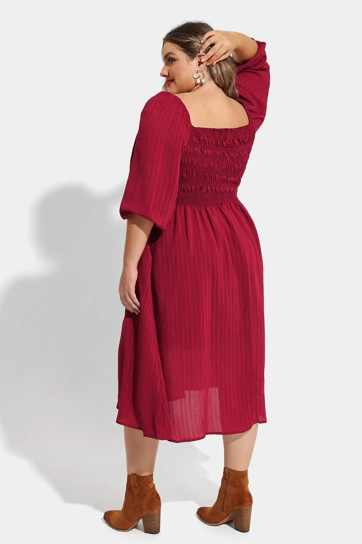 Pocket Drawstring Quarter Sleeves Shirred Midi Dress