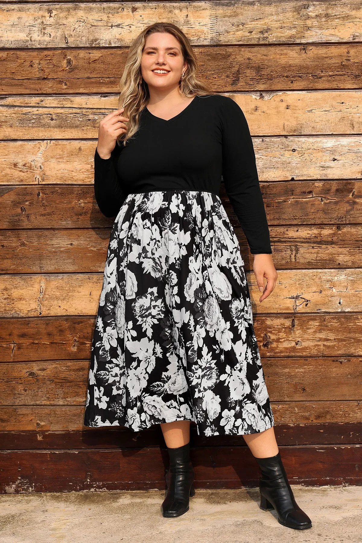 Pocket Floral Print Elastic Waist Midi Dress