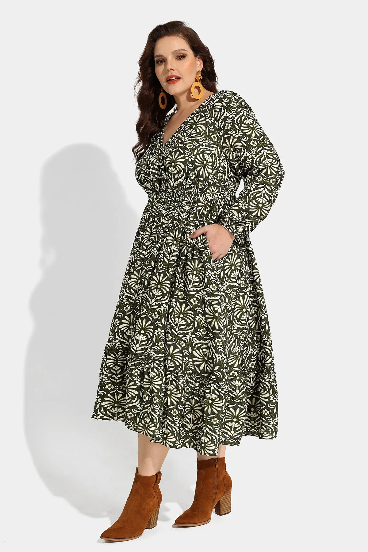 Pocket Floral Print Elastic Waist V Neck Midi Dress