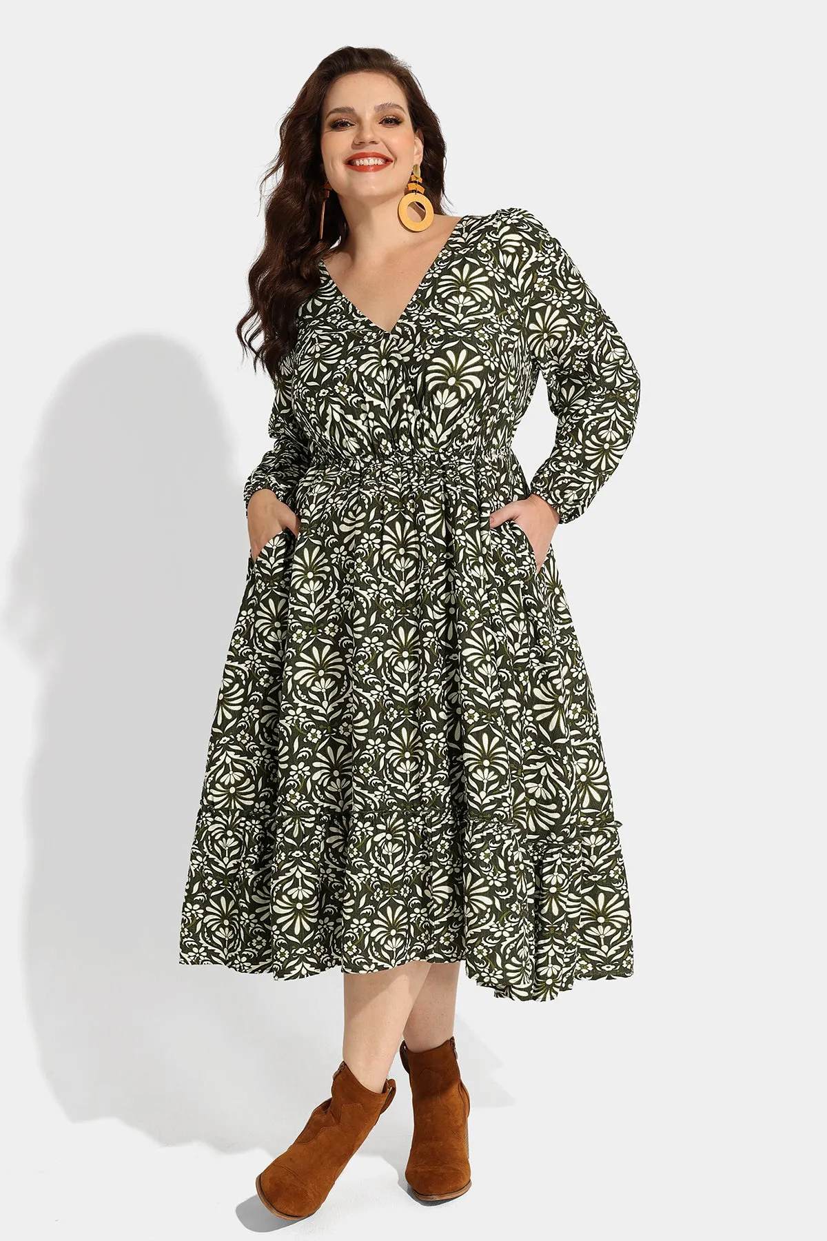 Pocket Floral Print Elastic Waist V Neck Midi Dress