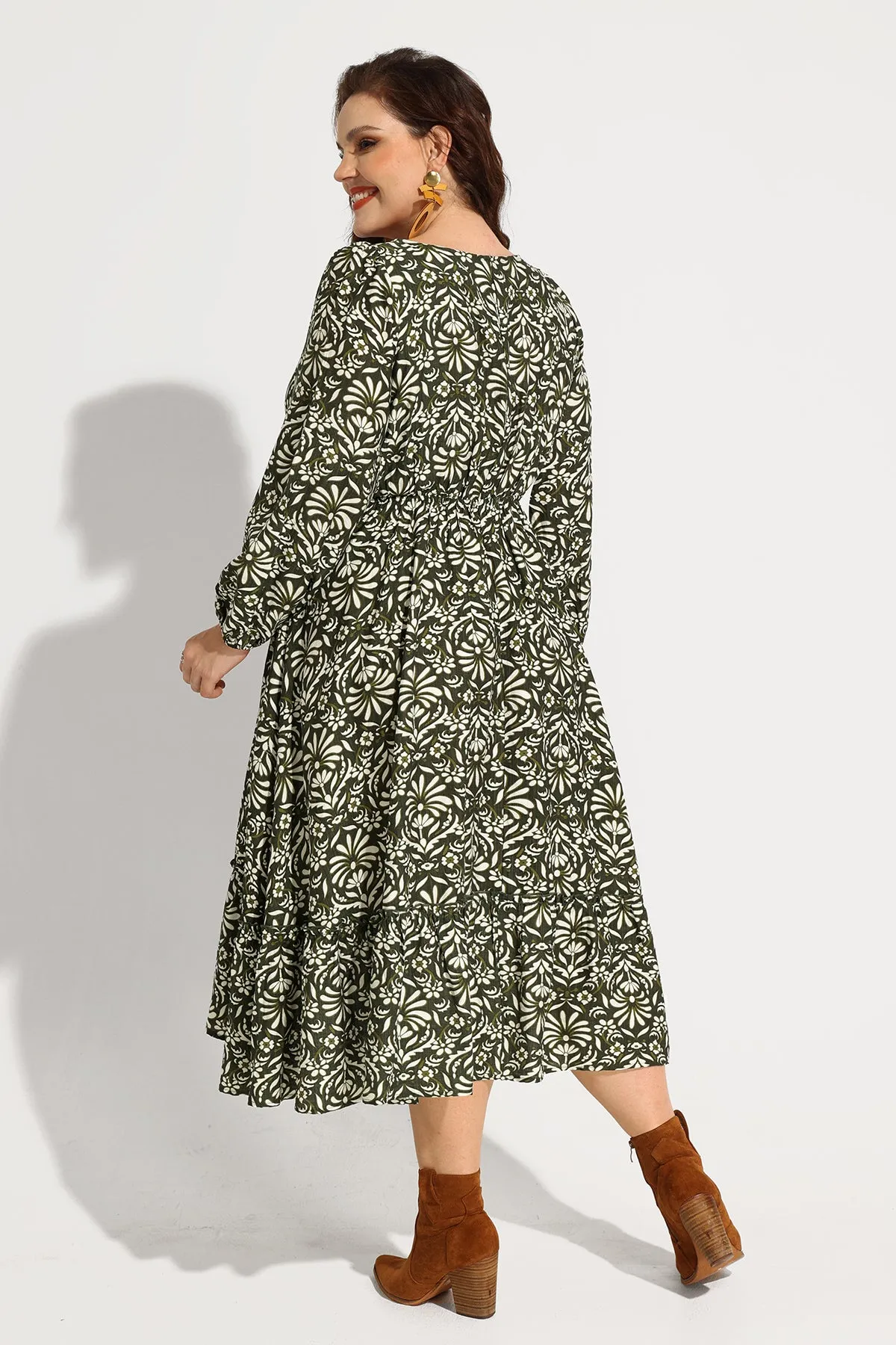 Pocket Floral Print Elastic Waist V Neck Midi Dress